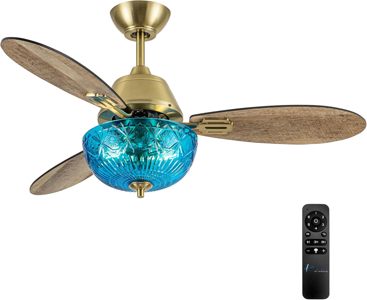 RIVER OF GOODS 42" W Valencia LED Indoor Blue Hand-Cut Glass and Gold Finish Ceiling Fan with Remote Control