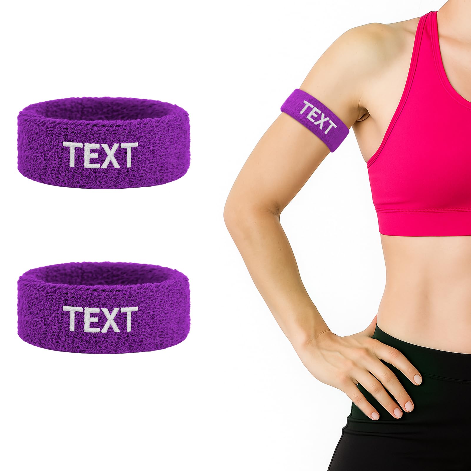 TOPTIE 2 PCS Custom Bicep Bands Armband for Football, Terry Cloth Sweat Wristbands Leg Bands Embroidered with Logo (Purple)