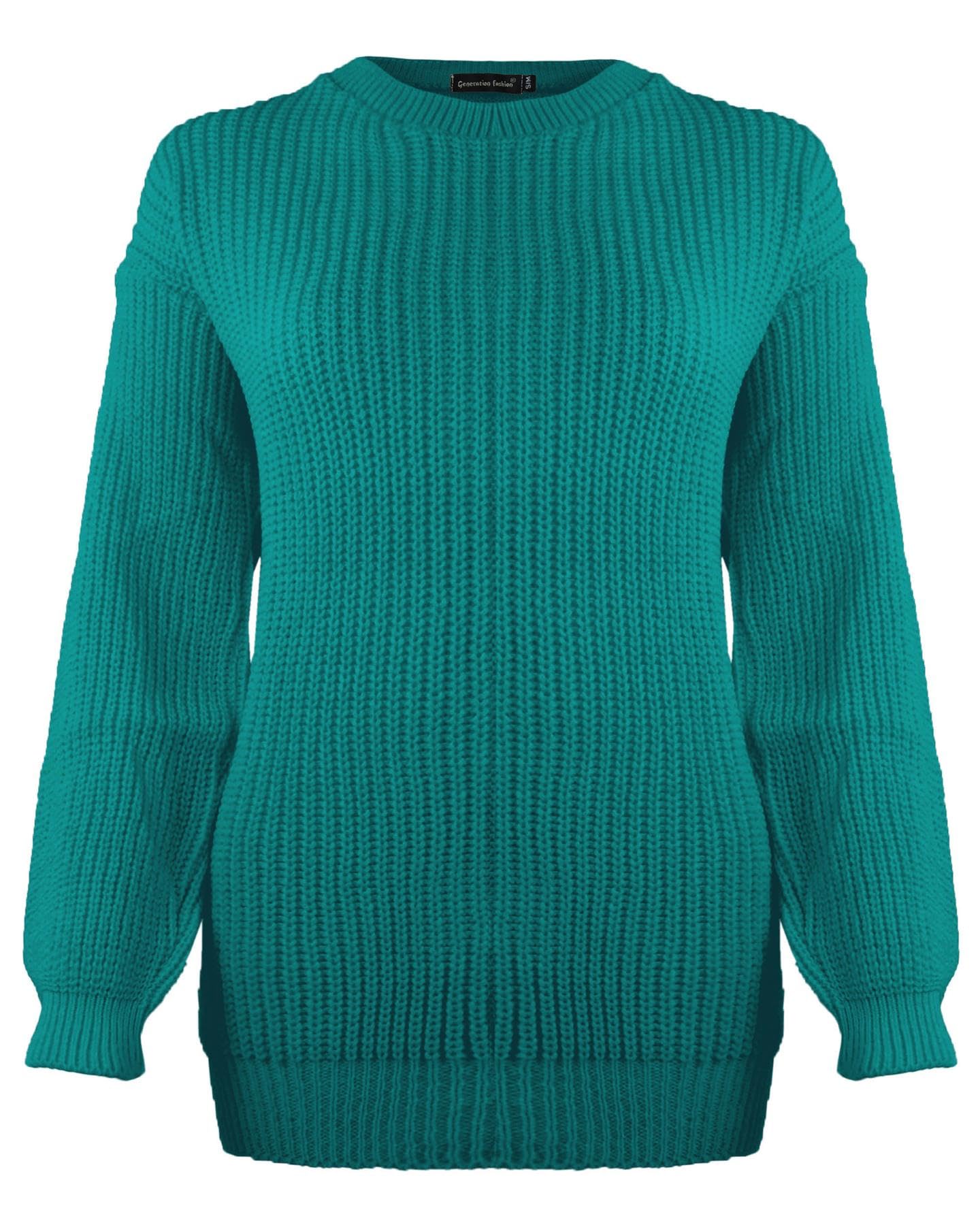 Generation Fashion New Ladies Women Oversized Long Sleeve Knitted Baggy Jumper Sweater Crew Neck Pullover Top[Bottle Green,SM]