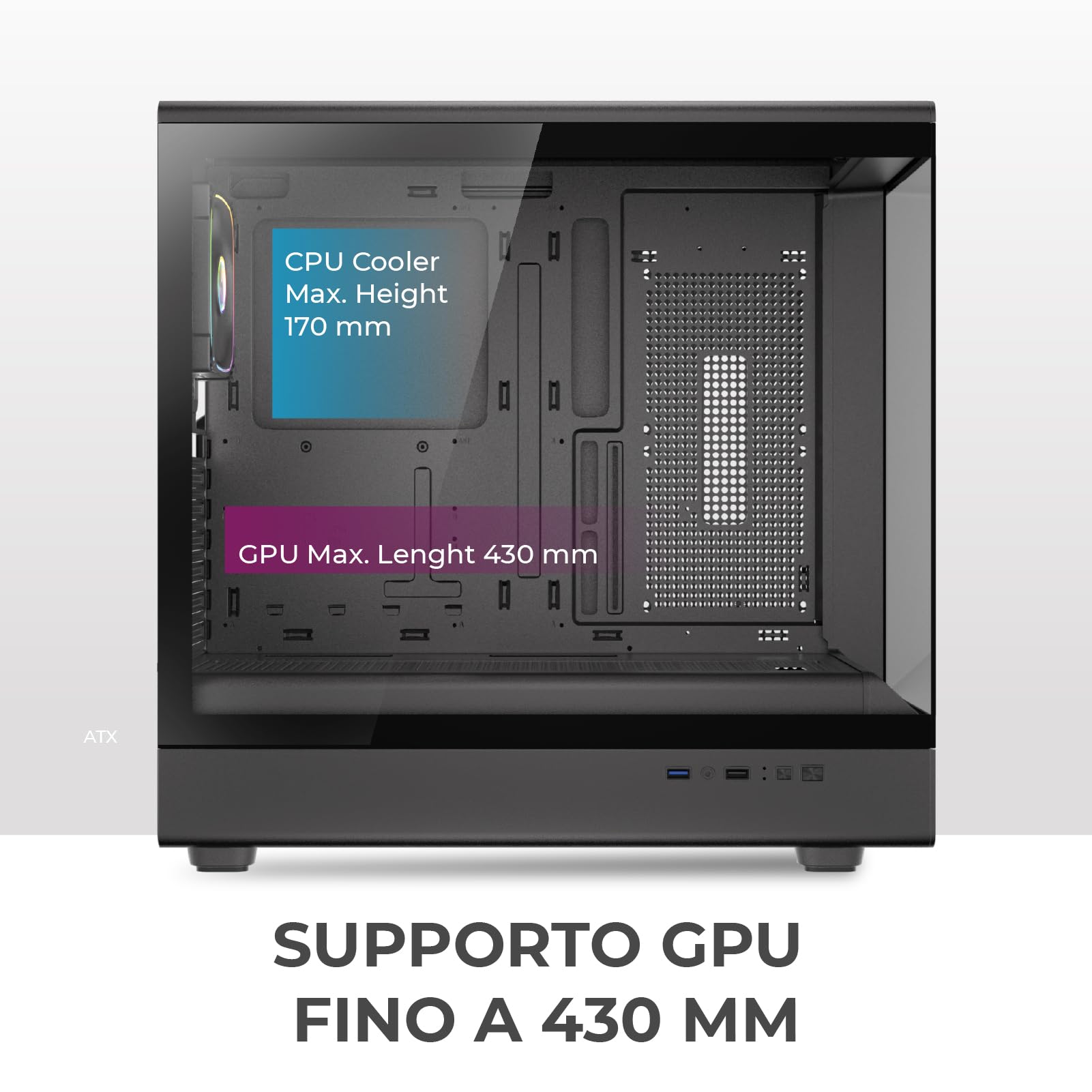Noua Diamond CK100 | Case PC Gaming ATX Mid Tower | Ventola PWM Led ARGB | USB 3.0 | Supporto Raffreddamento Liquido 360 mm | Doppio Vetro Temperato Continuo - Nero