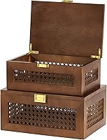 Vista 2 de Decorative Rattan Storage Boxes Solid Wood Woven Baskets Bins with Lid Keepsake Memory Jewelry Box Natural Boho Shelf Wicker Closet Desk Organizer