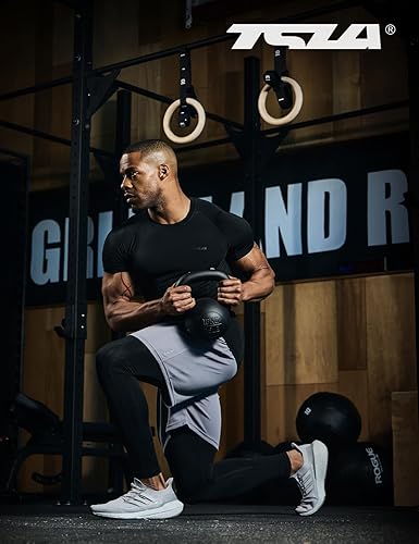 Miniatura 5 de TSLA Camisas de compresión para hombre UPF 50+, de manga corta, de secado rápido, camisa de entrenamiento atlético, protector de erupciones para