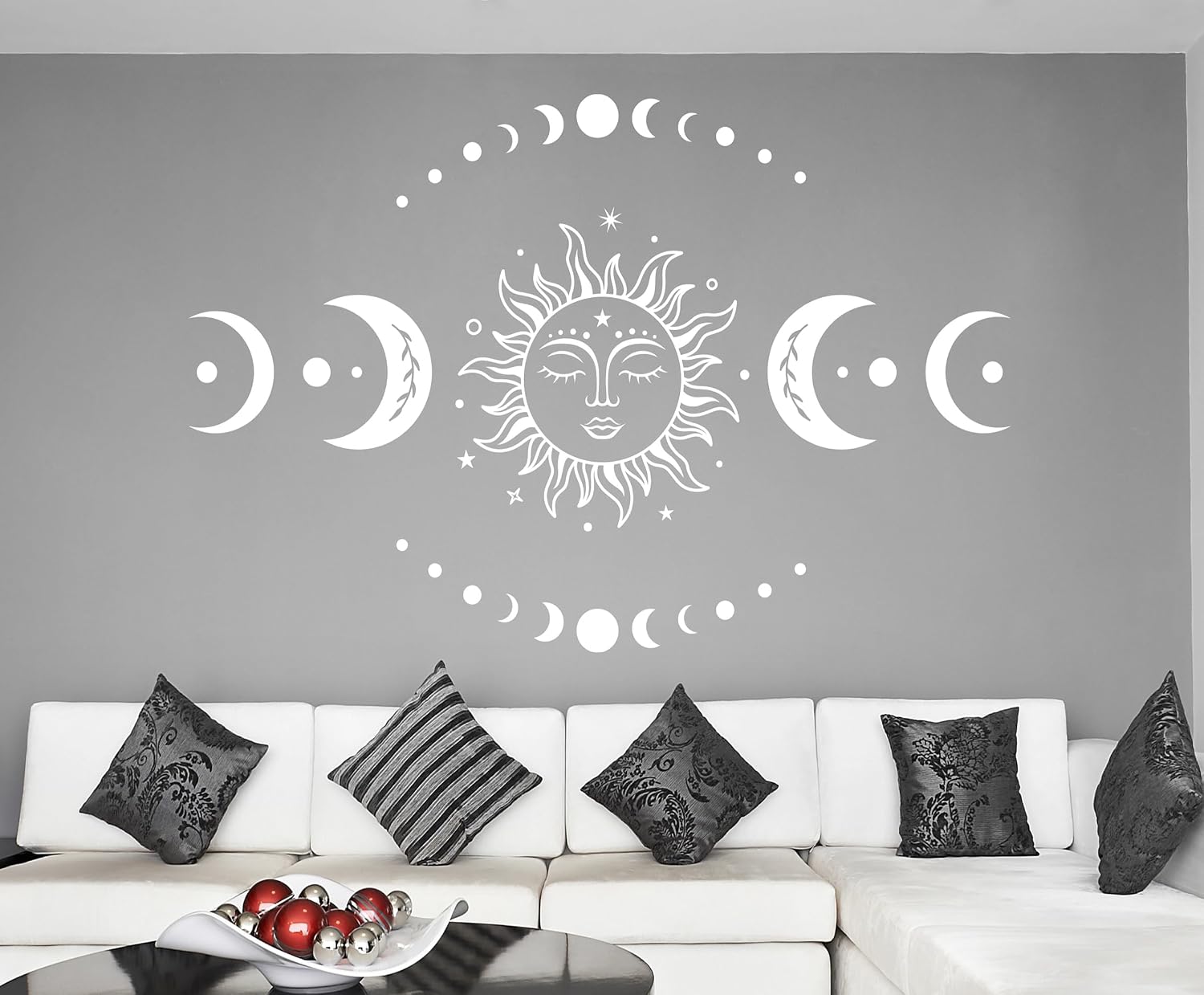 Boho Sun Moon Wall Decal - Bohemian Wall Decals - Moon Wall Art Decor - Peel and Stick for Home Living Room Bedroom Decoration - Premium Vinyl Material - Wide 15"x10" Height image 3