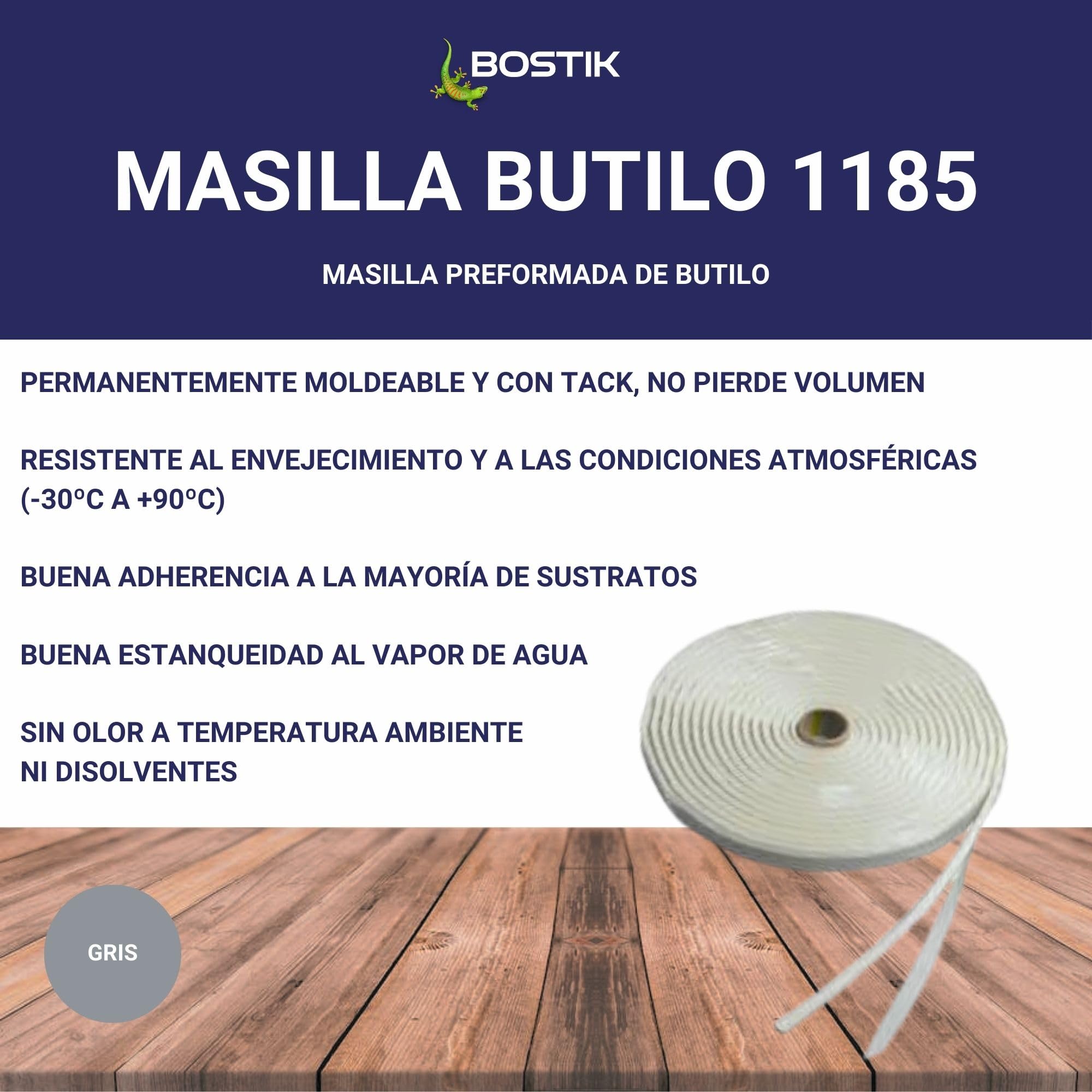 BOSTIK Masilla Butilo 1185 Gris - Masilla Preformada de Butilo, Permanentemente Moldeable, Resistente al Envejecimiento y a Condiciones Atmosféricas, Estable en el Agua, Carrete 25x2 mm (26 m)