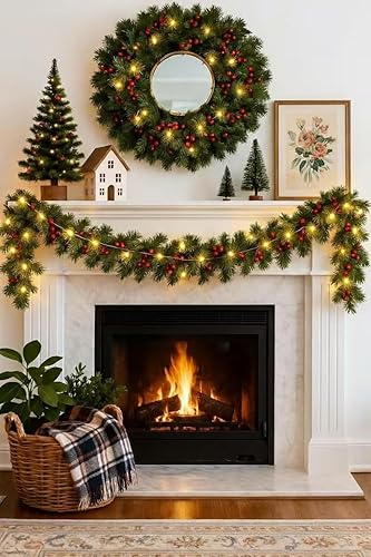 Miniatura 3 de Decoraciones navideñas gruesas preiluminadas, 9 pies con 220 ramas de cedro, 30 luces. Guirnalda verde artificial para decoración navideña de