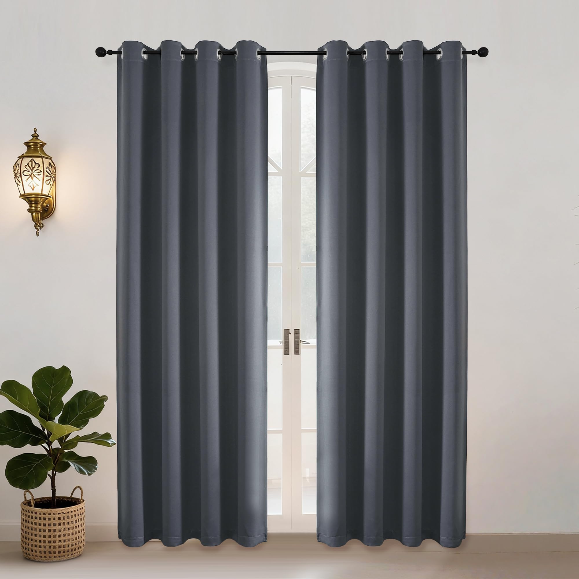 Simplebrand Ava Grey Blackout Eyelet Curtains for Living Room 183 cm Length 2 Panels Set, Solid Thermal Insulated Energy Saving Grommet Window Treatment Curtains Black Out Drapes, W 140 cm x L 183 cm — image 1