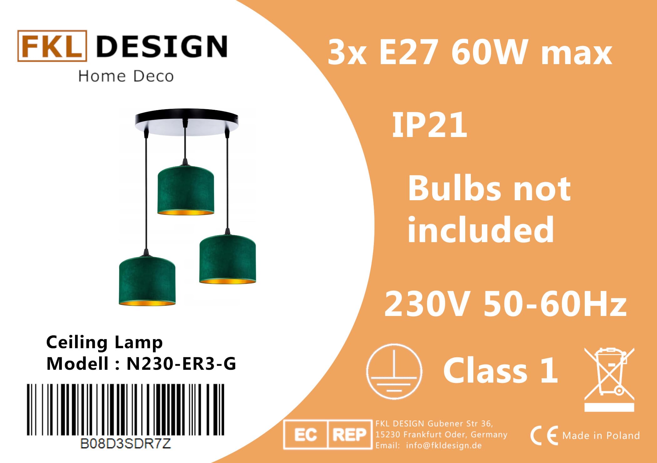 Home Deco Deckenlampe Grün Lampe Leuchte aus Velours Vintage Modern E27 Designerlauchte 3-flammig N230-ER3