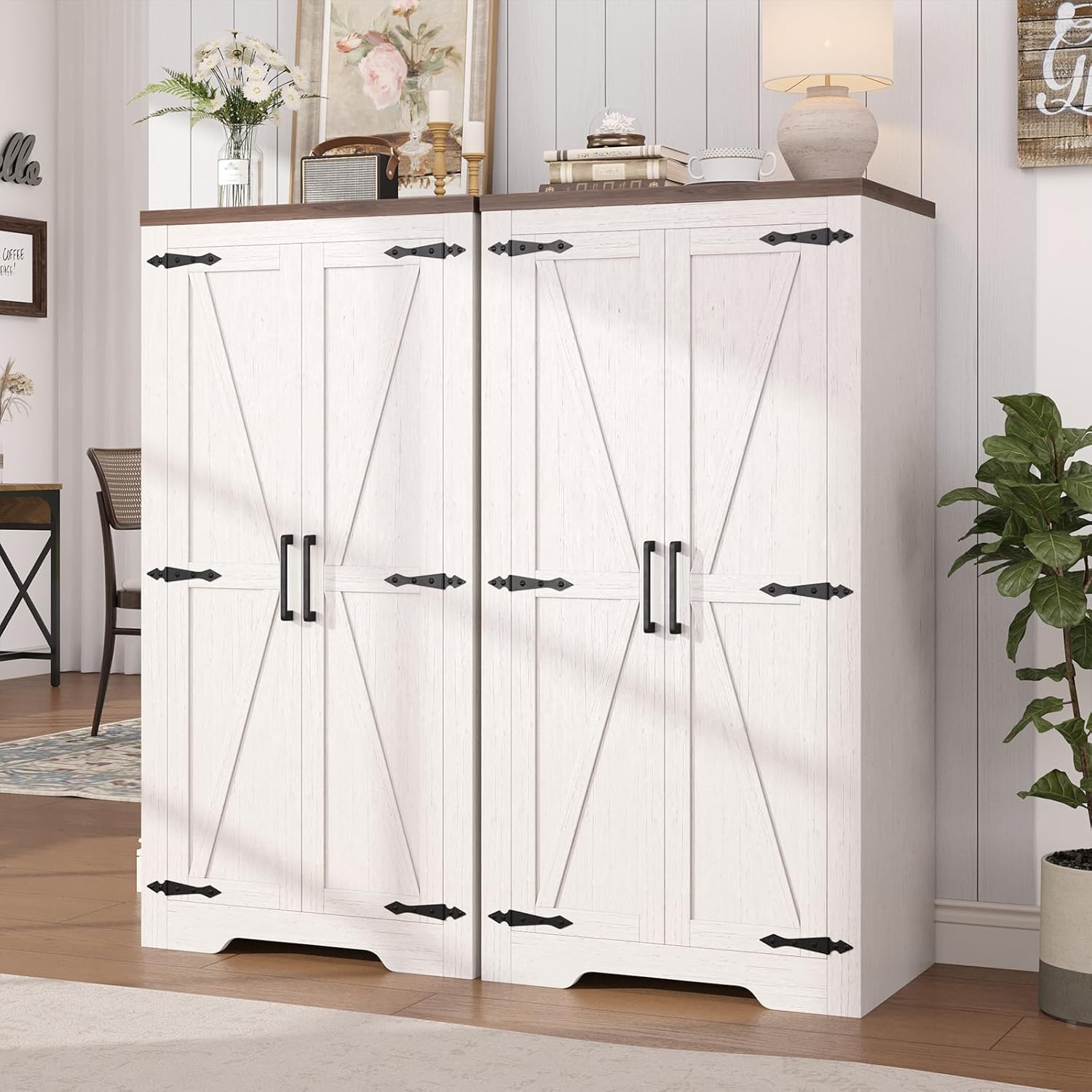 Set of 2 47" Kitchen Pantry Cabinet, Farmhouse Storage Cabinet with Barn Doors and Adjustable Shelves, Freestanding Kitchen Hutch,Wood Cupboard for Living Room, Bathroom, Hallway, White