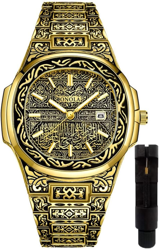 Retro Watches Men Quartz Watch Tattoo Pattern Carving Stainless Steel Bracelet Waterproof Wrist Watch,Gold,Luxury, gold, Luxury