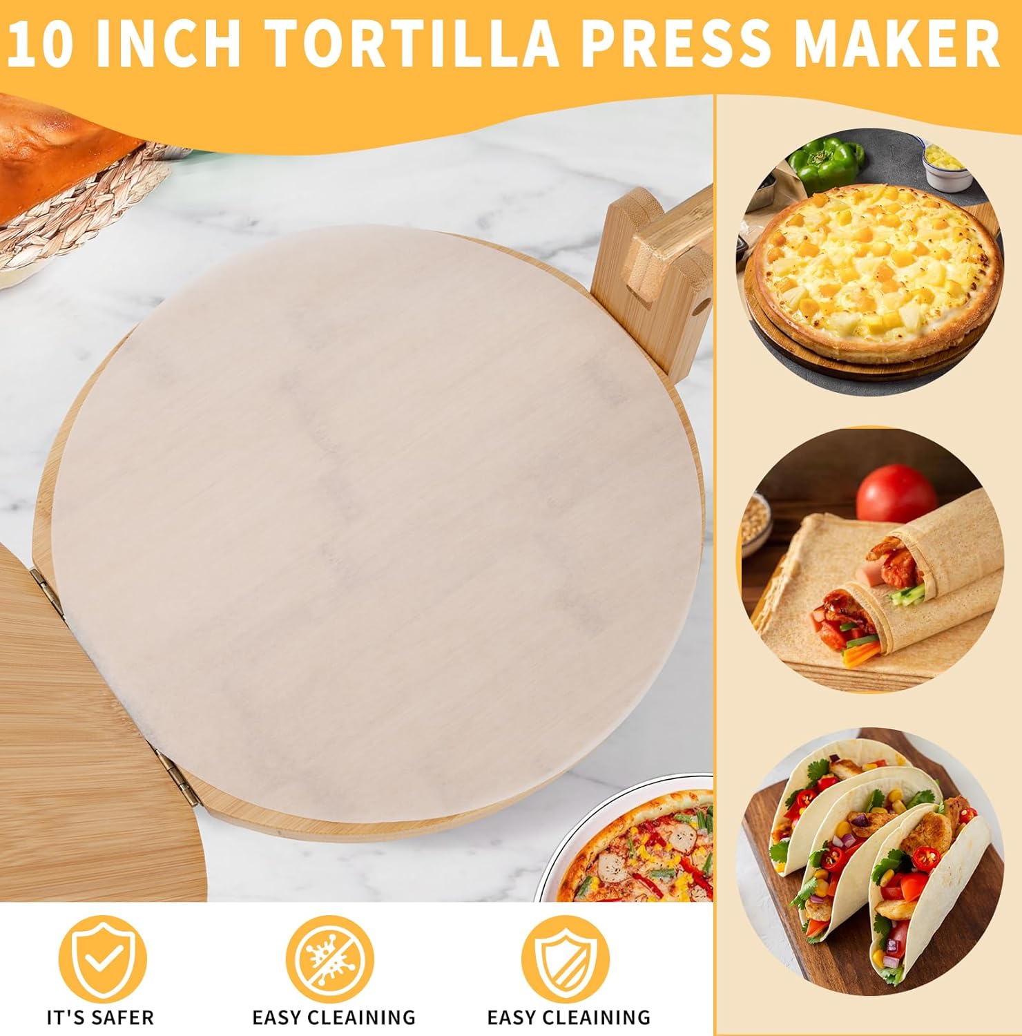 Wooden Tortilla Press 10 Inches with Rolling Pin & 50 Pcs Parchment Paper Mexican Tortillera Presser Homemade Tortillas Roti Pataconera Dough Press