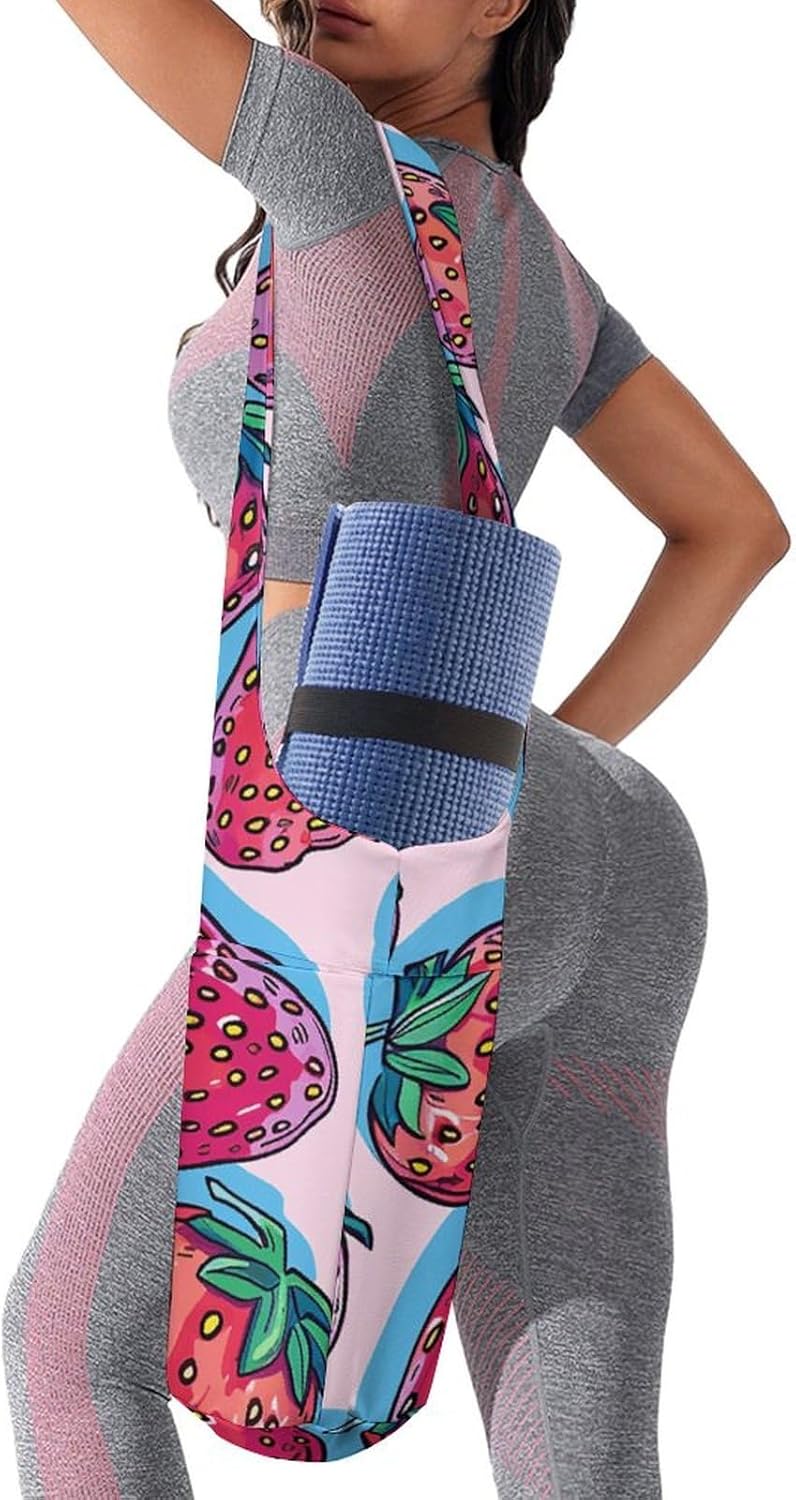 Yoga Mat Carrying Bag,Strawberry Pattern Style Printed Women's Yoga Bag with Multi-Functional Storage Pockets,Large Yoga Mat Bag Fits Most Size Yoga Mats