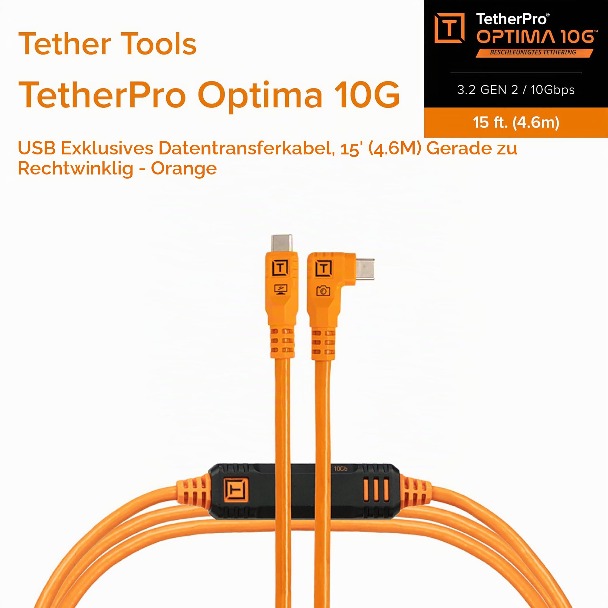 TetherPro Optima 10Gbps Gen 2 USB-C, 4,6 m, gerade nach rechts, hohe Sichtbarkeit, Orange | USB-C 3.2 Gen 2 aktives Datenkabel, Orange, ohne Pd