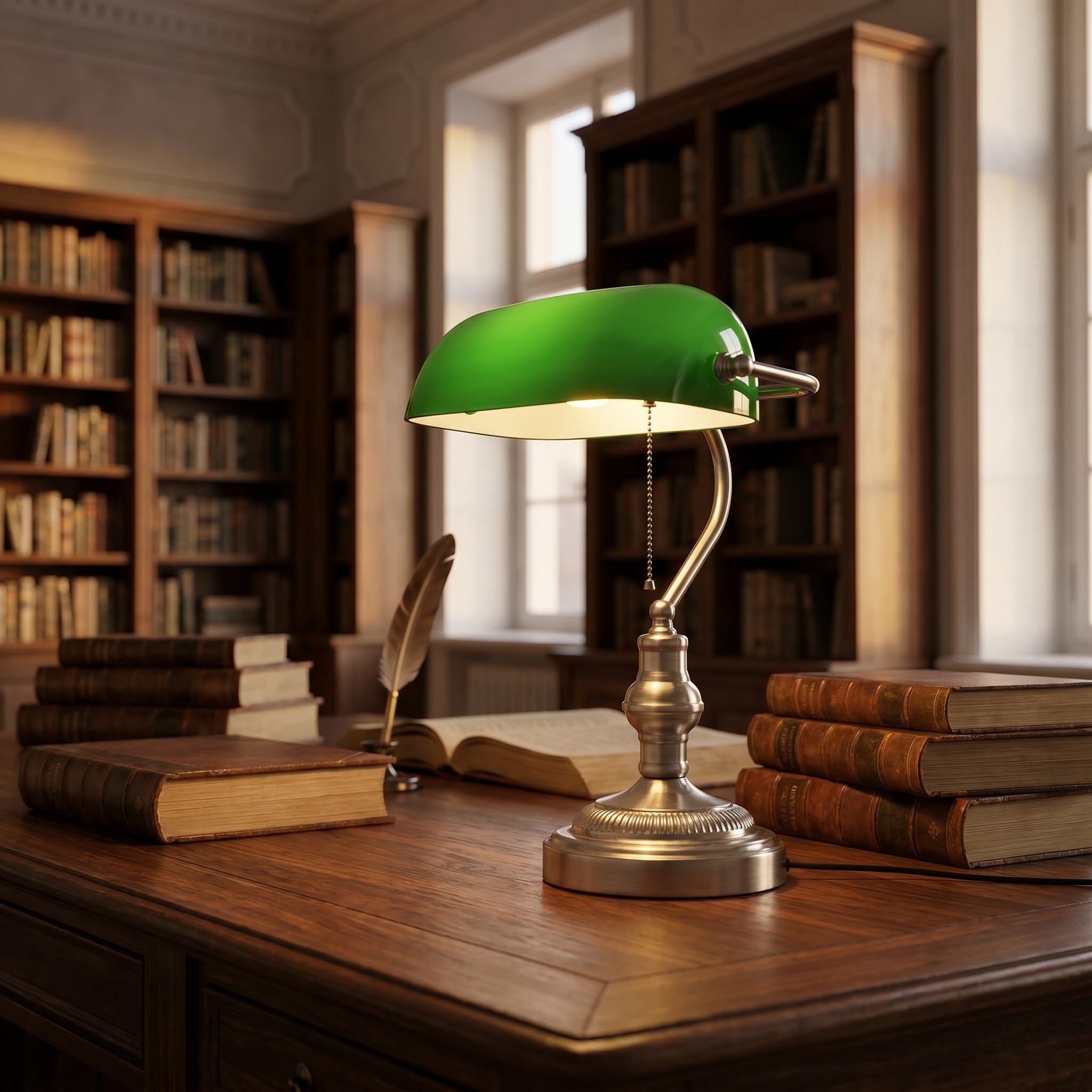 BARCELONA LED - Lampada da tavolo vintage "BANQUERO" con paralume in vetro verde - Base in nichel - Lampada da scrivania classica per ufficio e studio - Attacco E27
