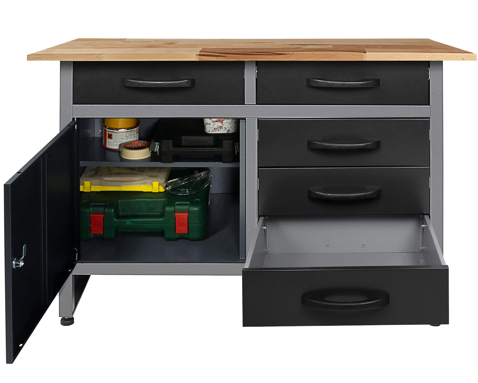 Ondis24 Werkstatteinrichtung 6 teilig grau schwarz Werkbank Werkzeugschrank Lochwand Werkstattausrüstung 240 cm