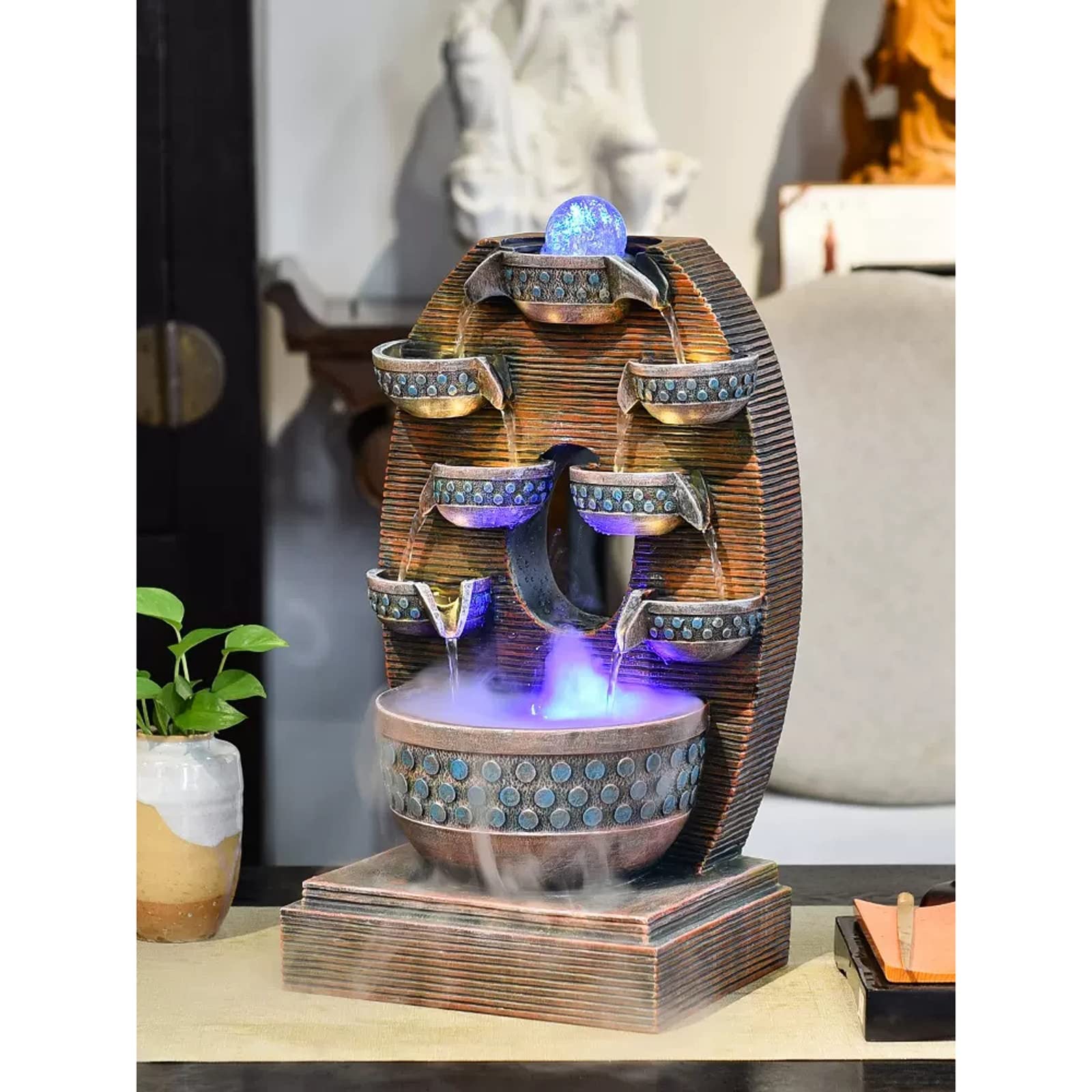 Fontana a Cascata Fontana da Tavolo in Resina Rilassante con Pompa Decorazione for Fontana da Tavolo a Cascata for Interni Decorazione da Tavolo for Interni a 4 Livelli Fontana da Tavolo Decorativa a