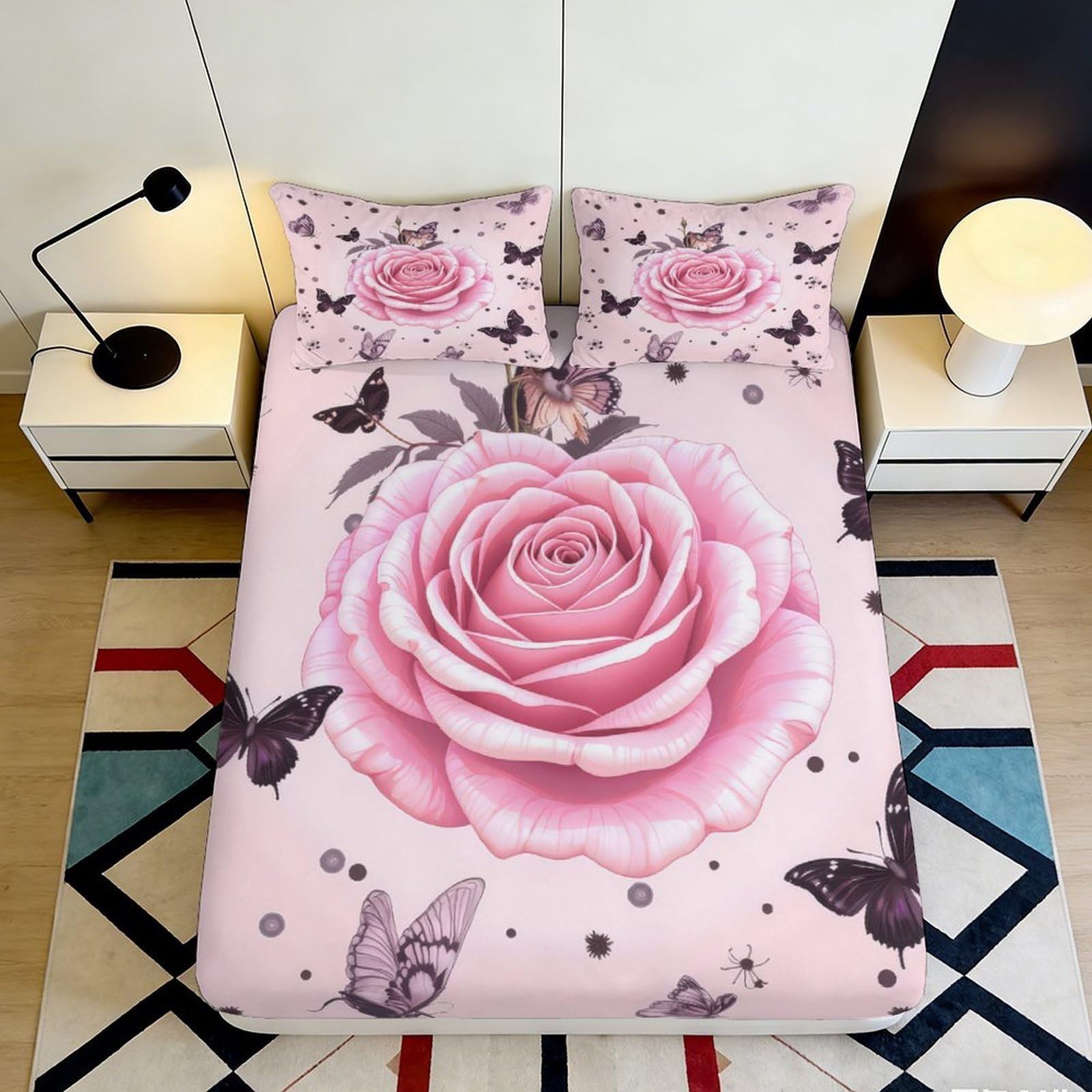 Jqzkxnhpbr Style-10 3D Printed Pink Rose Fitted Sheet Microfiber Soft Butterfly Bed Sheet Anti-Slip Machine Washable For Bedroom Home 90X200x25cm