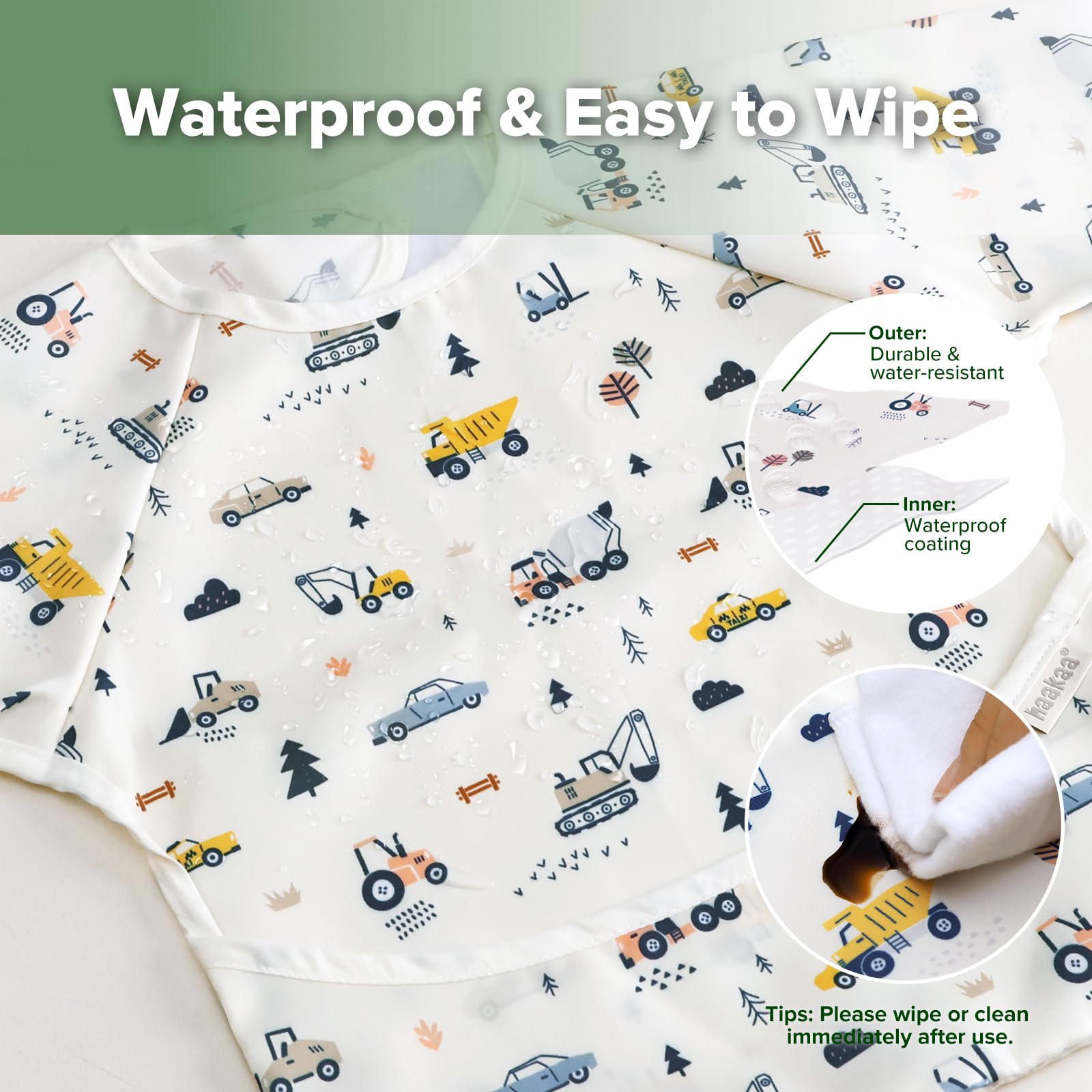 haakaa Waterproof Long Sleeve Baby Bib, Mess-Free Smock Bib with Deep Pocket for BLW Feeding Painting & Play - Image 4