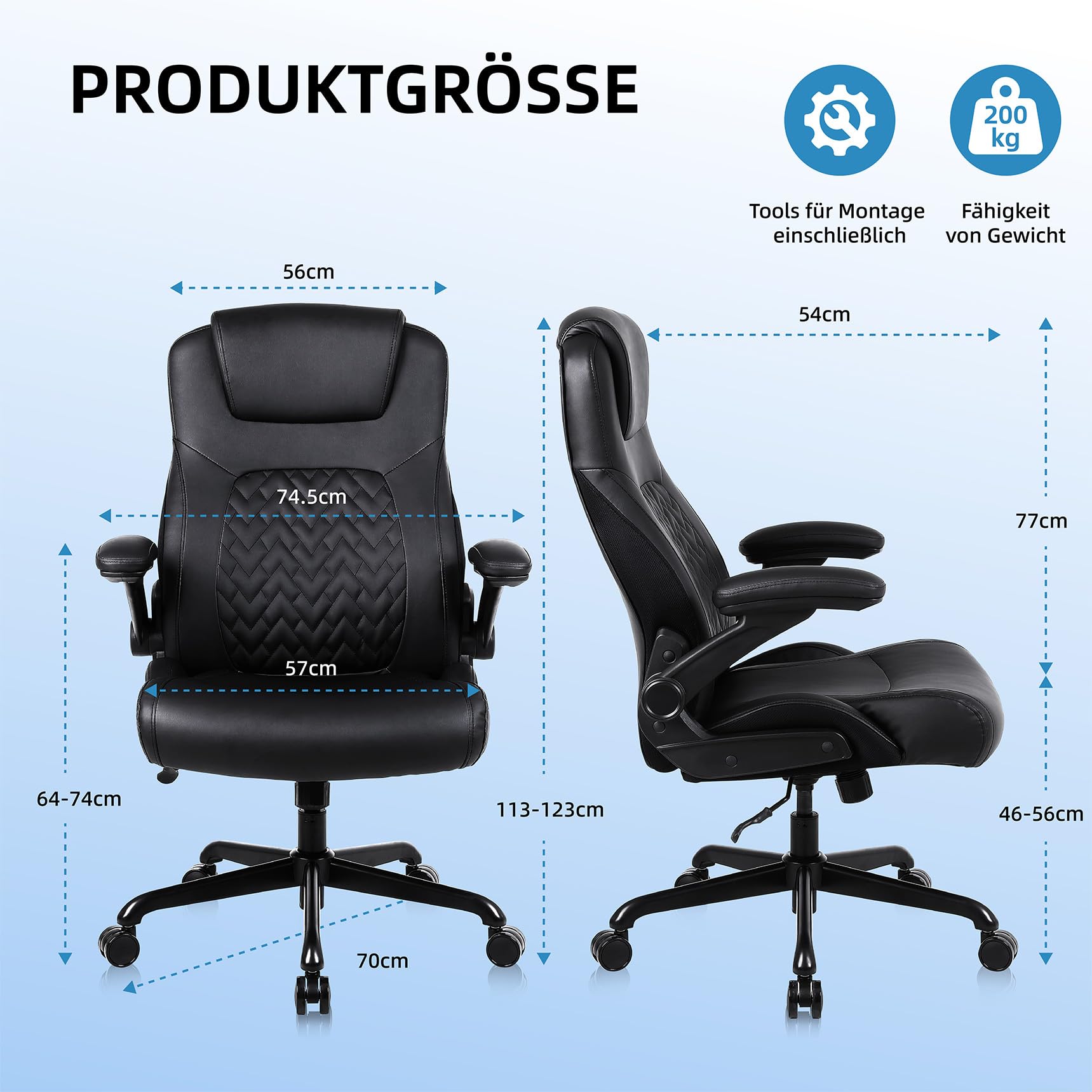 Ergonomischer Professioneller Bürostuhl, aus Kunstleder mit Lendenwirbelstütze, klappbaren Armlehnen und höhenverstellbarer Sitzfläche, Gaming-Stuhl mit Rollen für Büro und Homeoffice, Schwarz | Ermnois Bürostuhl Ergonomischer Schreibtischstuhl Profession