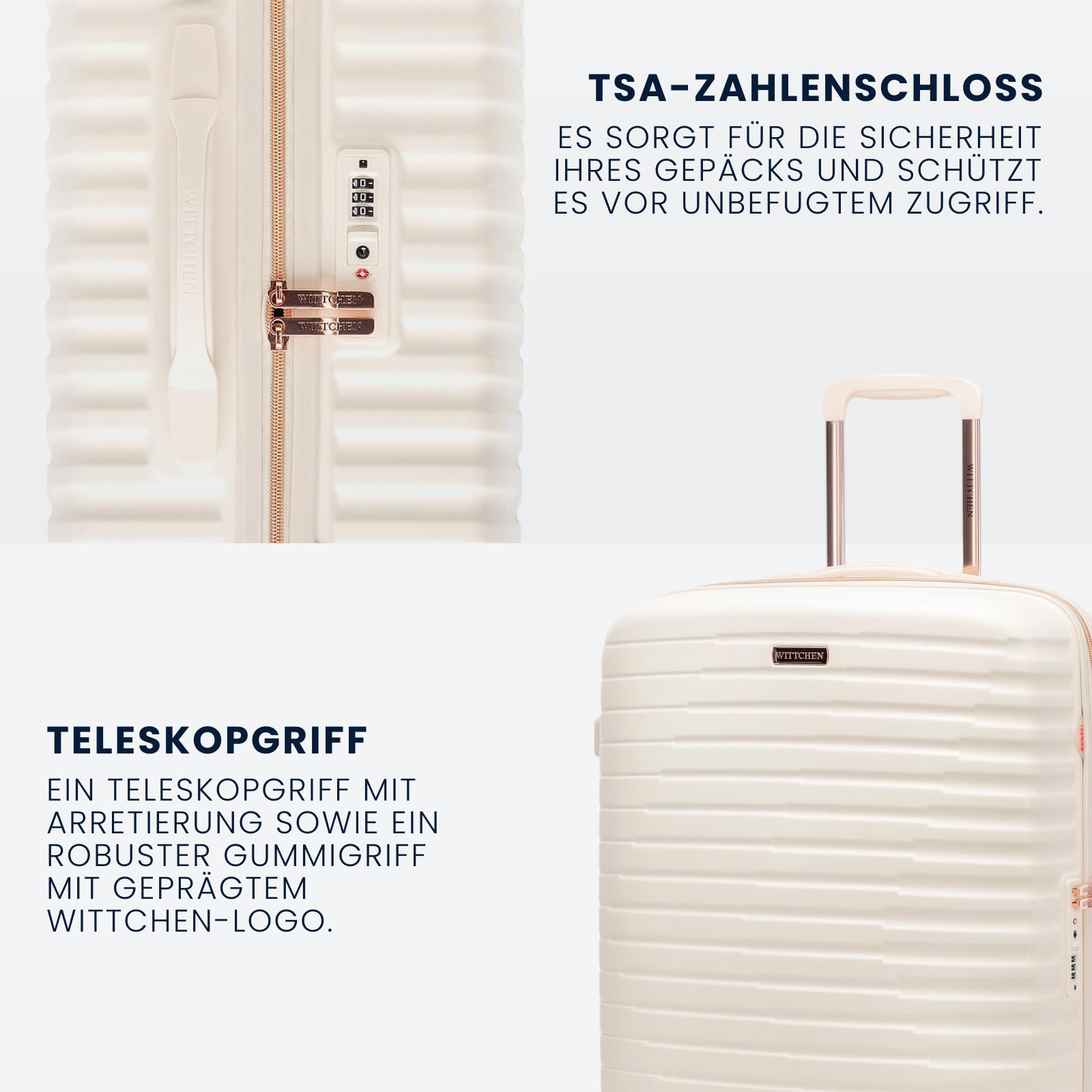 WITTCHEN Motion Line Mittelgroßer Koffer leichtes Reisegepäck Hartschale Polycarbonat TSA-Schloss Teleskopgriff 4 Doppelrollen 360° Größe L Creme-Gold