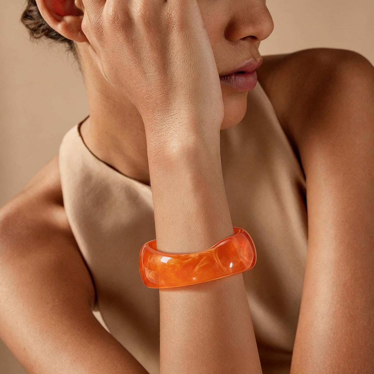 Chunky Resin Bangle Bracelet for Women, Irregular Wide Stackable Cuff, Marbled Solid Smooth Waterproof Wristband, Elegant Luxury Statement Jewelry for Daily Office Party image 3