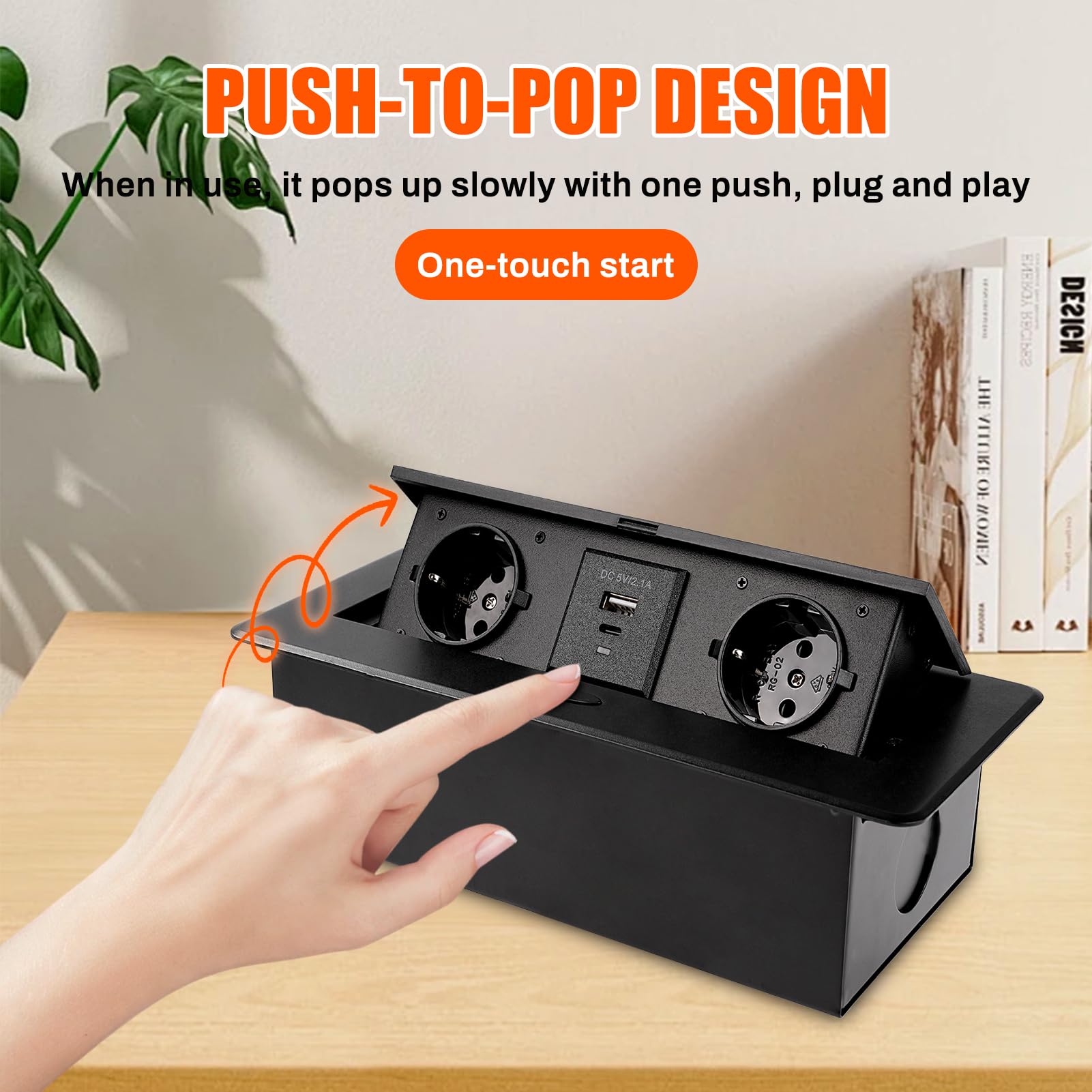 Multipresa da Incasso a Scomparsa con 2 Prese Schuko e USB | 1 USB A e 1 USB C, PD18 W, Cavo 1,8 M, Ciabatta Elettrica a Scomparsa per piano di lavoro, cucina, ufficio, nero