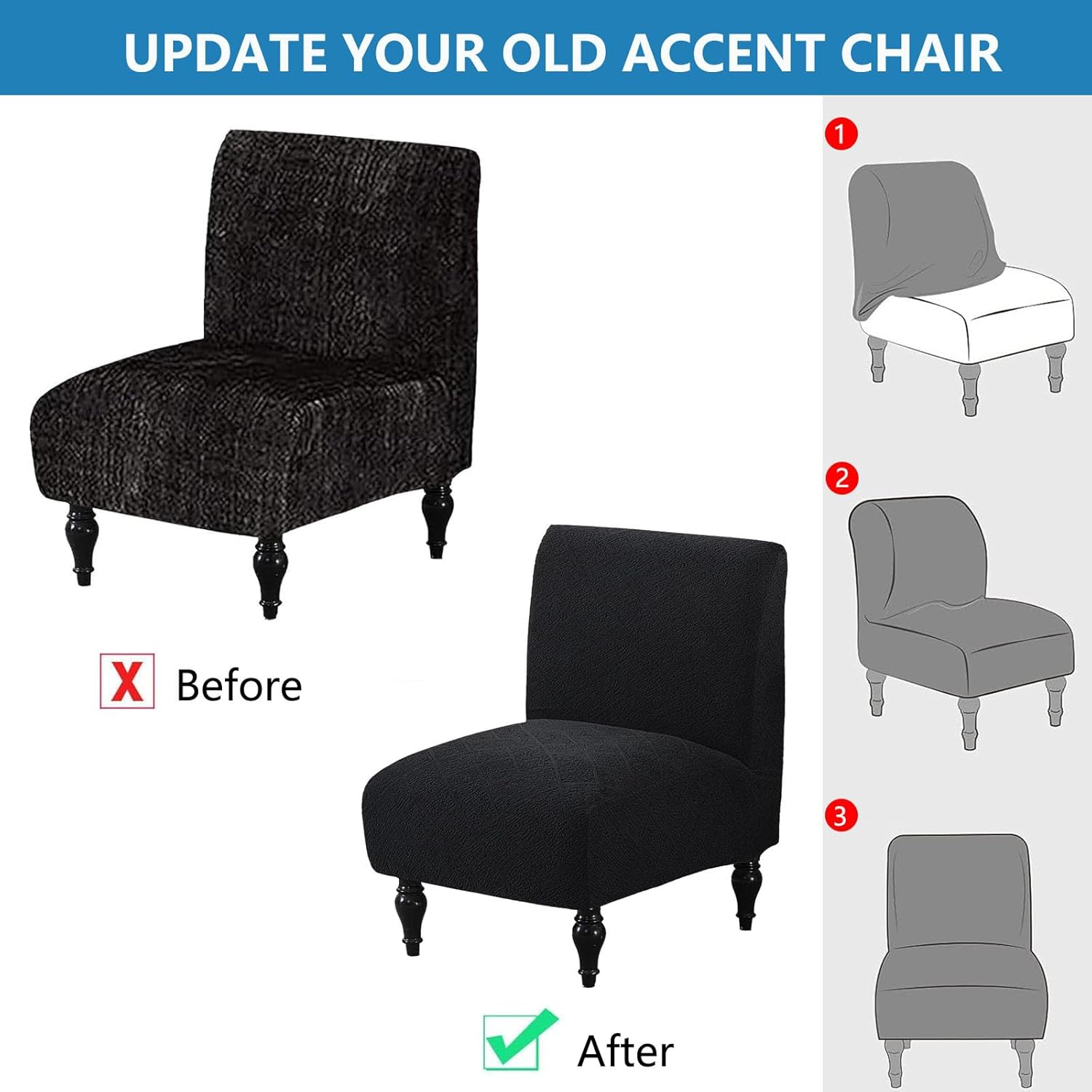 Elastic Armless Chair Cover with Elastic Bottom Edge Design and Soft Fabric Suitable for Living Room and Dining Room(Black,2pcs)