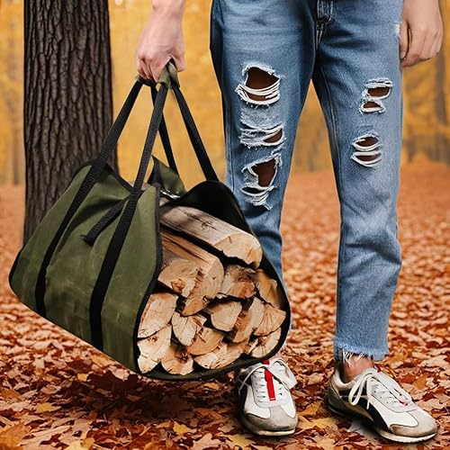 Miniatura 8 de HRX Package Bolsa Transportadora de Leña de Lona Encerada, Tote Resistente al Agua para Troncos, Bolsa para Transportar Madera con Asas para Viajes