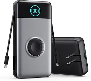 Portable Charger 40800mAh Power Bank with Built-in Cables,Wall Plug and iWatch Charger,6-IN-1 QC4.0+25W PD USB C Fast Phone Charging,LCD Display Battery Pack for iPhone 16/15/14,Apple Watch,Galaxy etc