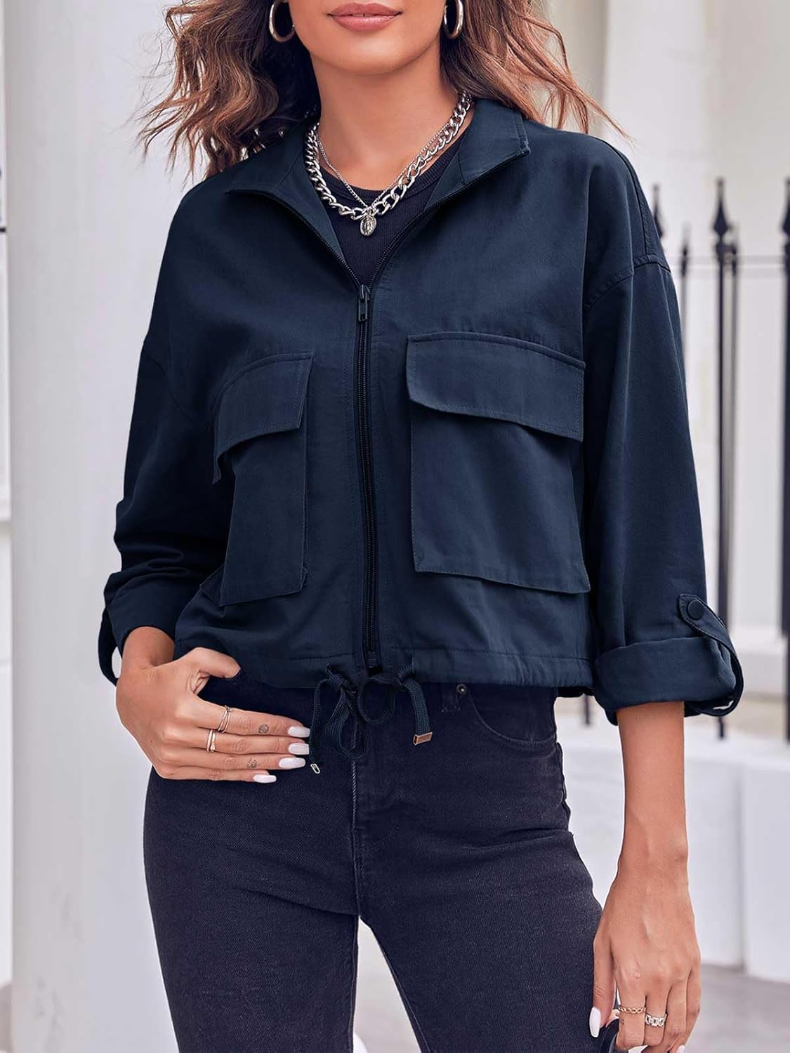 Tankaneo Women Casual Cropped Jackets Zip Up Lightweight Military Safari Short Utility Coat with Pockets - Image 4