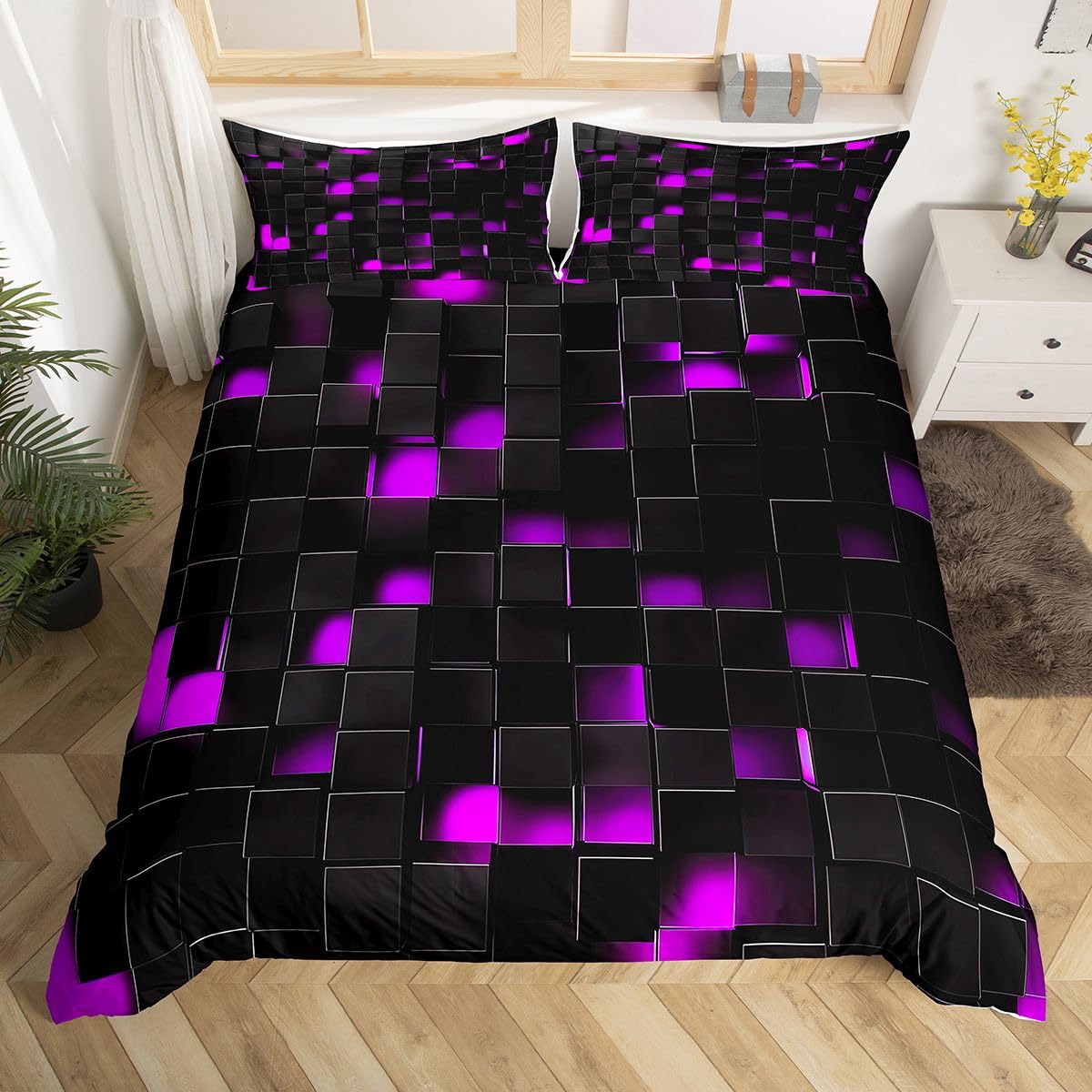 Housse de couette 3D violette et noire pour rajeunir une décoration de lit usée