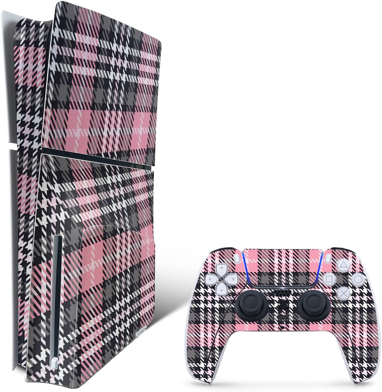 MightySkins Skin Compatible with Playstation 5 Slim Disk Edition Bundle - Pink Plaid | Protective, Durable, and Unique Vinyl Decal wrap Cover | Easy to Apply | Made in The USA