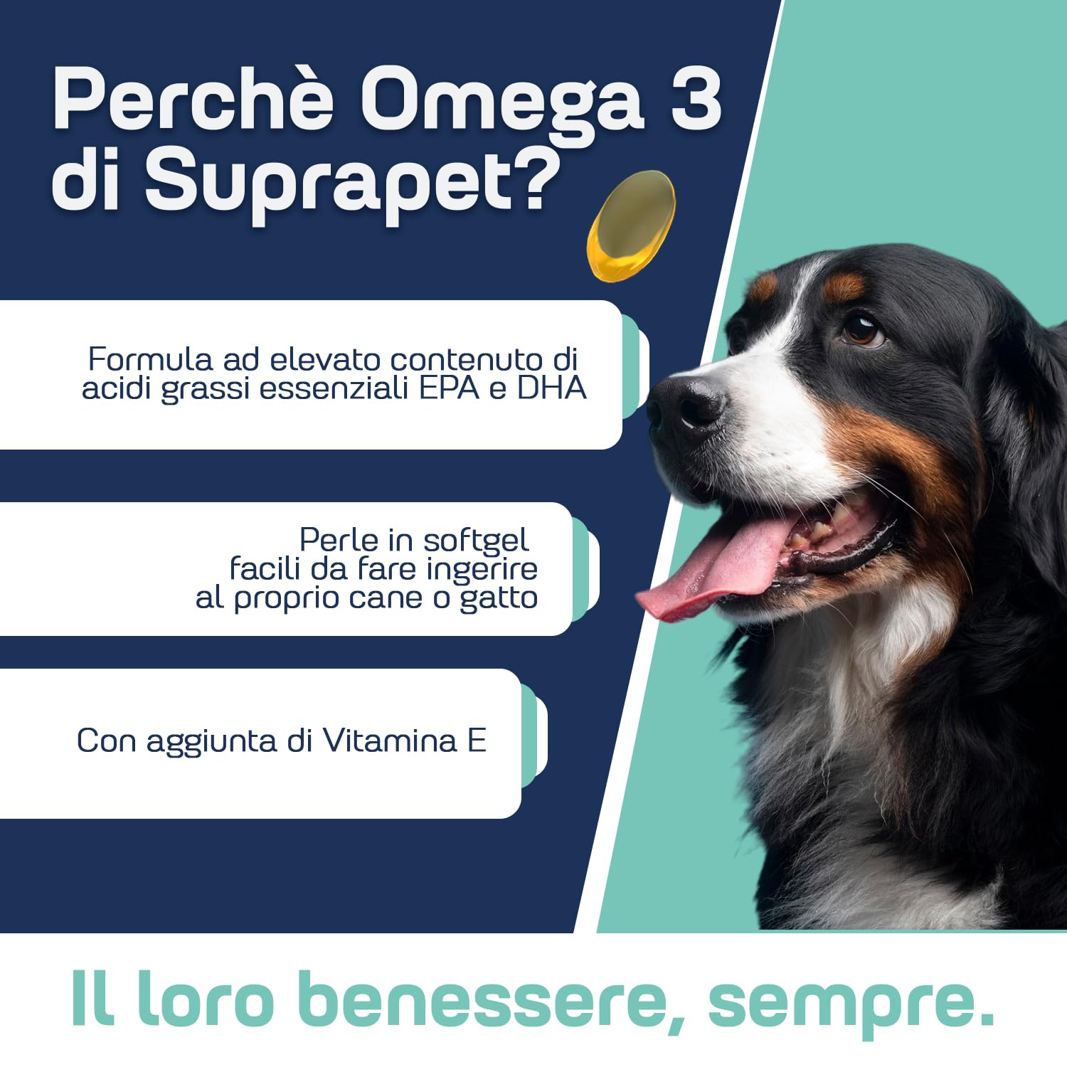 Suprapet Omega 3 per Cani e Gatti Olio di Pesce, EPA, DHA e Vitamina E 80 Perle. Mangime Complementare Naturale per Pelo e Articolazioni (80 unità (Confezione da 1))