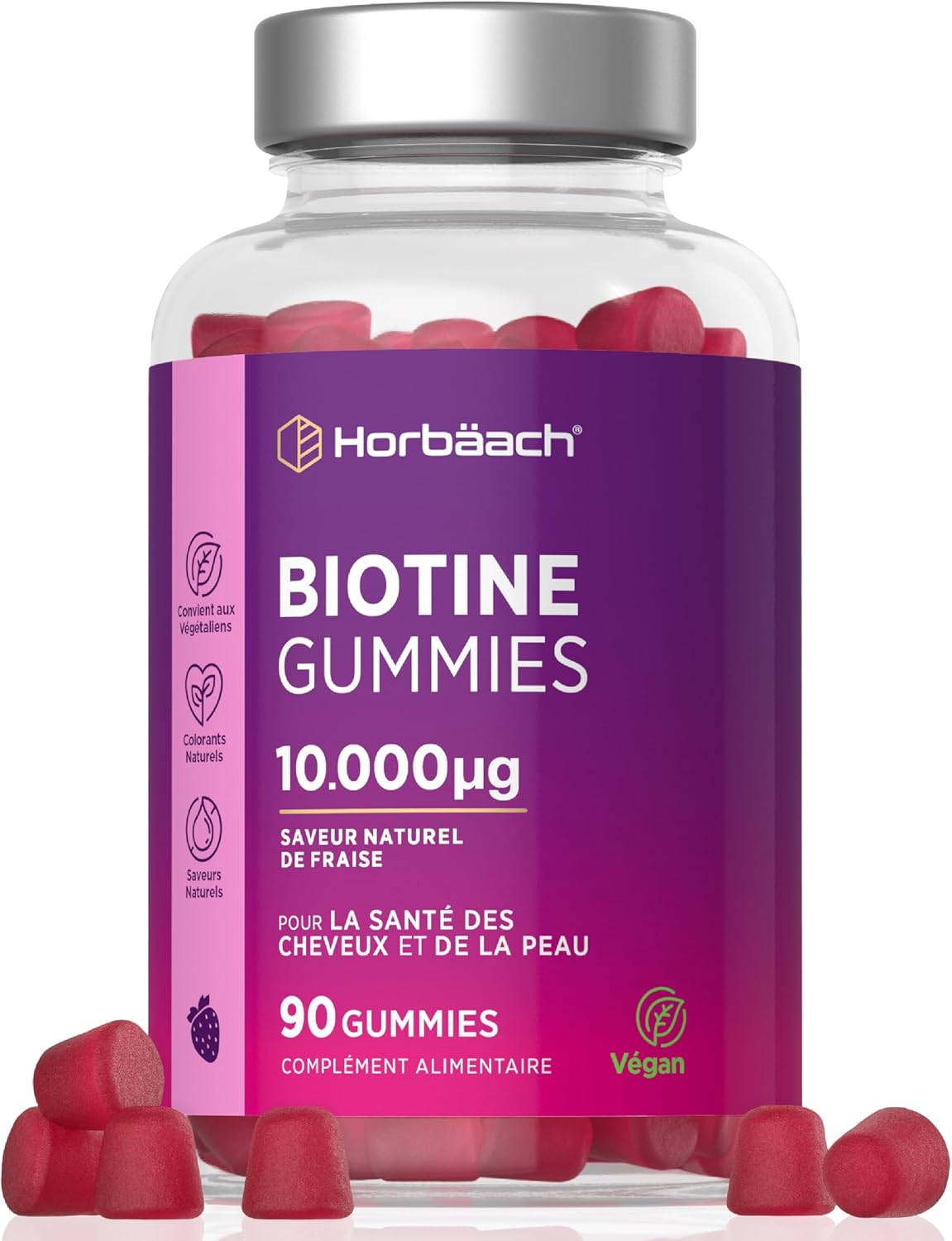 Biotin 10000 mcg Gummies | 90 Vegan Gums | Vitamins for Hair Skin & Nails | Natural Strawberry Flavour | by Horbaach