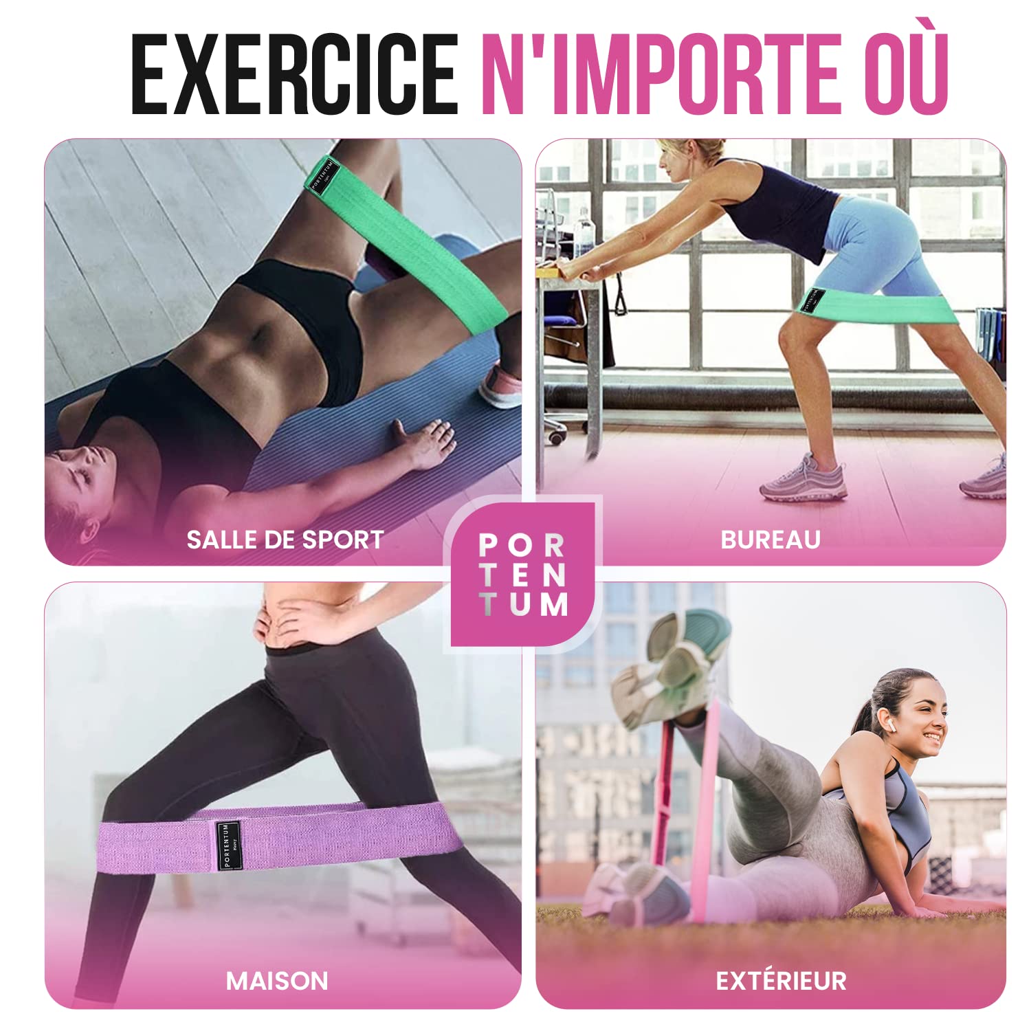 PORTENTUM Bandes Elastiques Fitness Tissu antidérapantes 3 Niveaux Résistance Crossfit Yoga Sac Rangement