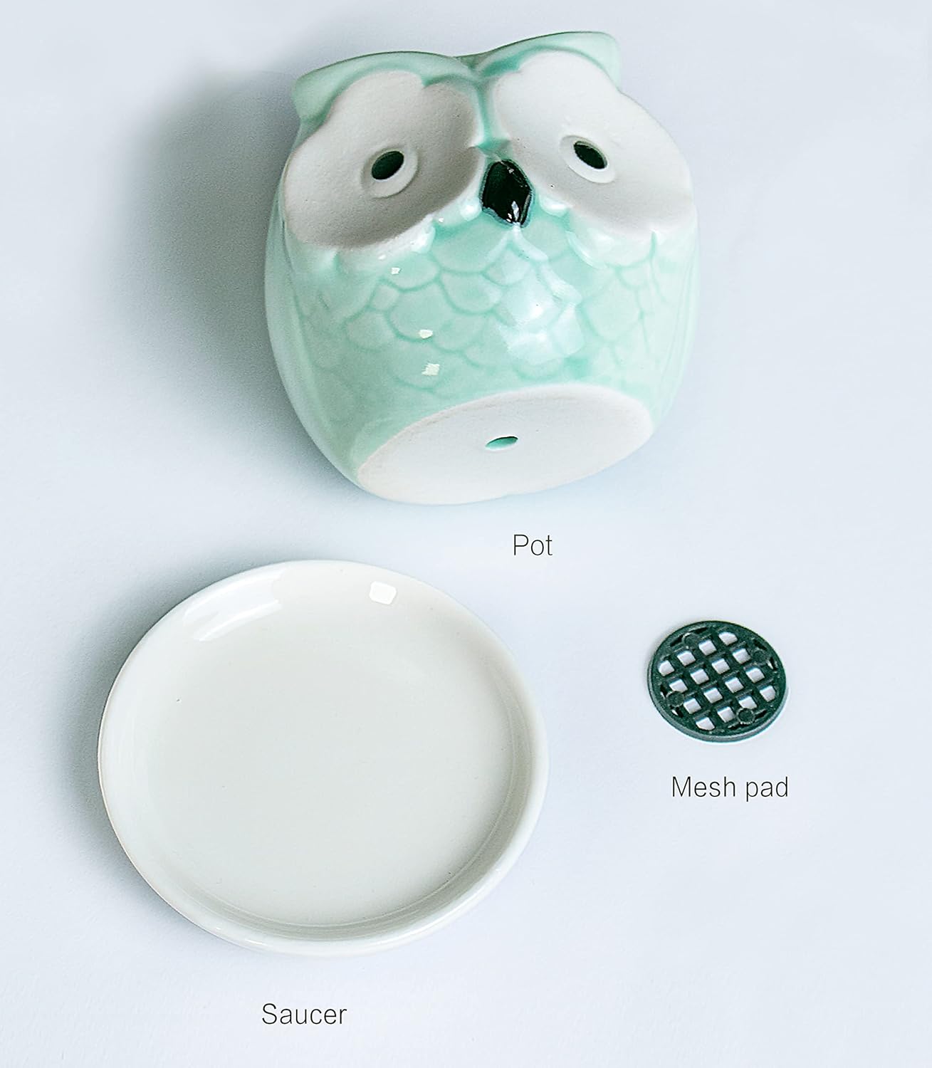 Dahlia Cute Mini Owls Ceramic Succulent Planter w Drainage Hole & Saucer, Turquoise Set of 4