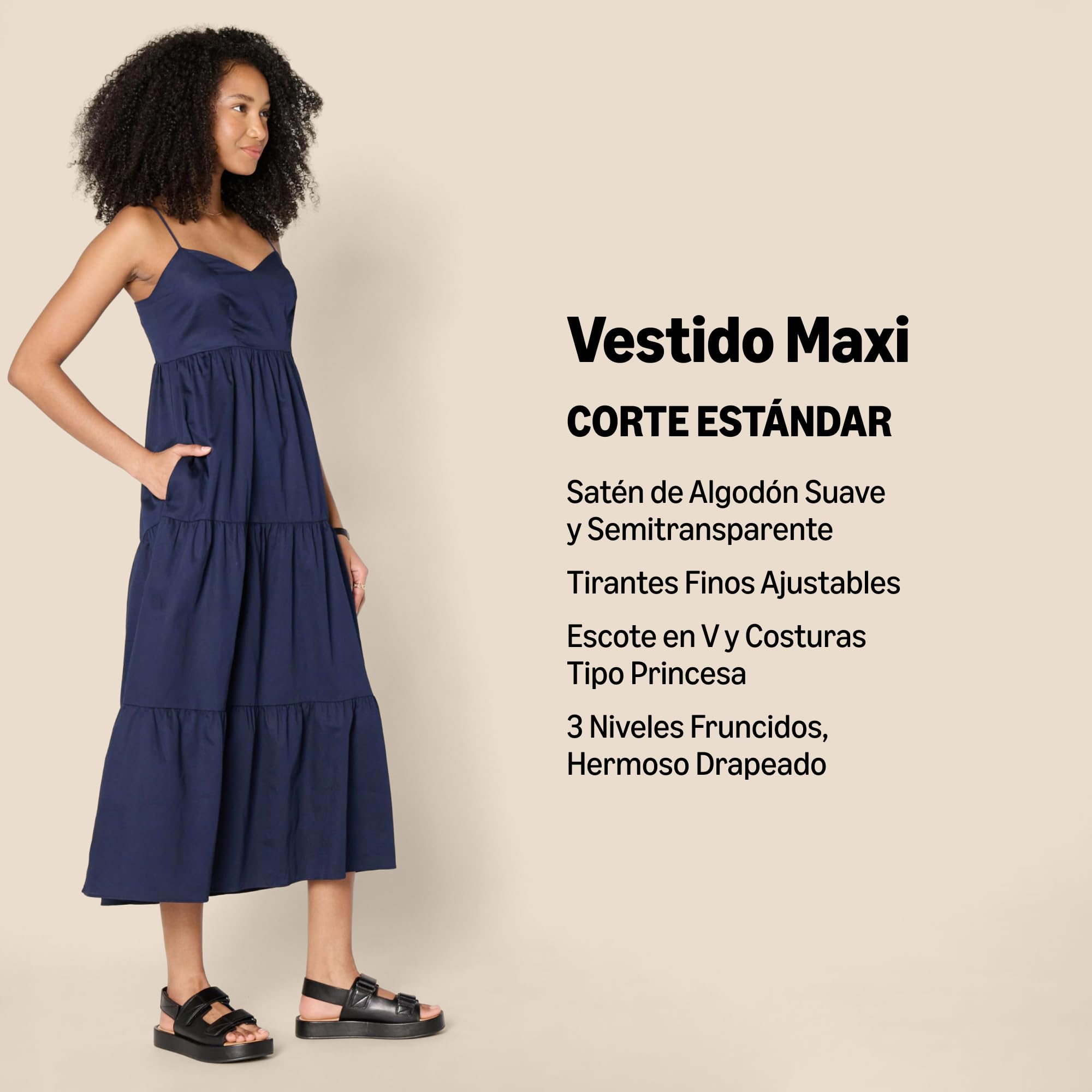 Amazon Essentials Vestido Largo Entallado y Escote Corazón con Vuelo con Capas de Satén de Algodón con Cintura de Corte Imperio Mujer