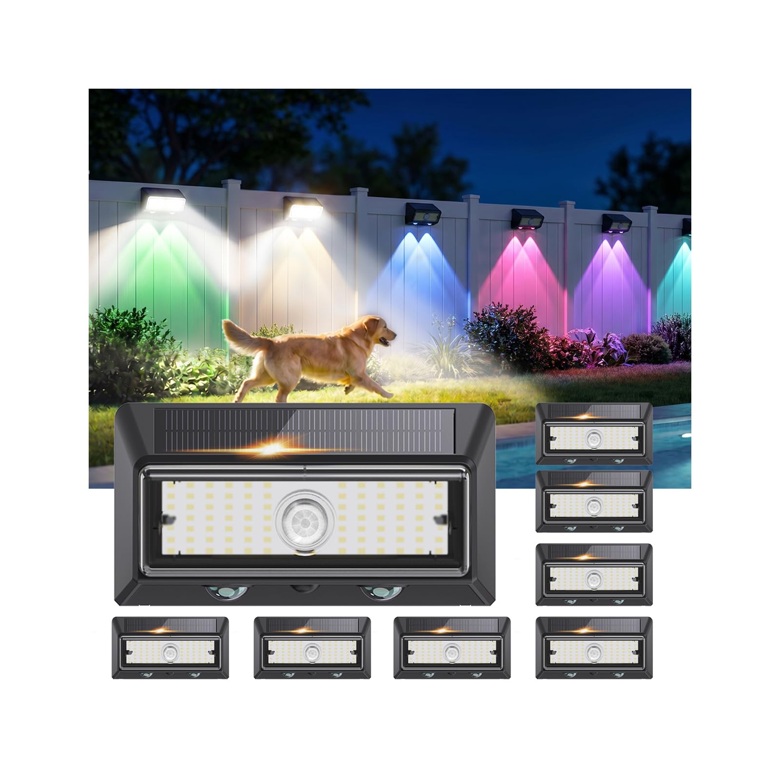 Photo 1 of Tenmiro Solar Motion Sensor Lights 8 Pack, 2-in-1 Outdoor Wall Lights IP65 Waterproof with 36 LED Sensor Main Light + 2 LED 9 Color RGB Ambient Lighting Solar Lights for Patio Yard Fence Garden Decor