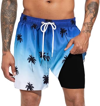 Mens Swim Trunks Quick Dry Beach Shorts with Compression Liner Swimming Shorts with Zipper Pockets