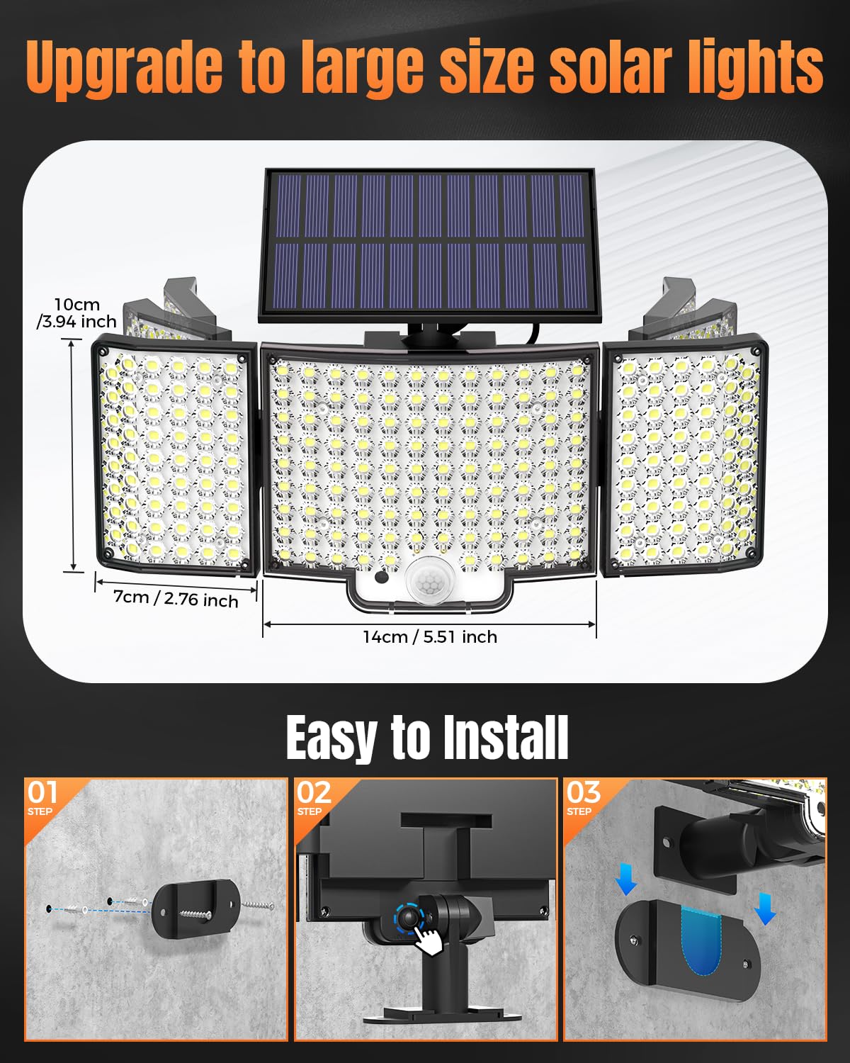 Luci solari per esterni, 212 LED con sensore di movimento a energia solare, luci di sicurezza a 270°, ampio angolo di illuminazione, 3 modalità, ad alimentazione solare, IP65, impermeabile, con