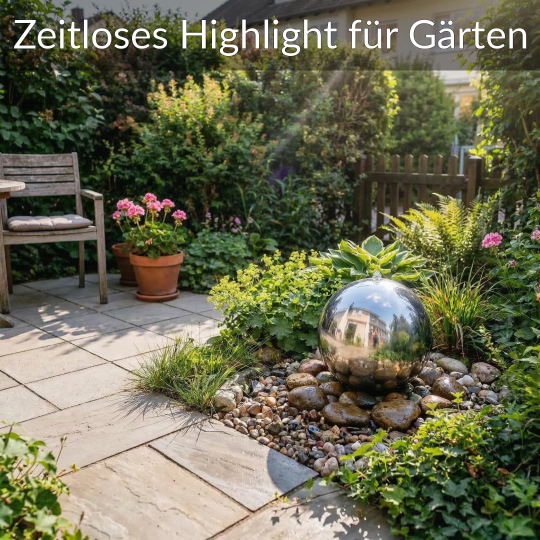 Kugelbrunnen aus Edelstahl D: 30 cm – Edelstahlkugel glänzend für Gartenbrunnen, Wasserspiel Garten, 30 mm Lochbohrung, 1/2 Zoll Schlauchanschluss, Edelstahlbrunnen für DIY Brunnenanlagen