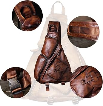 Soft Leather Outdoor Casual Travel Hiking Riding Crossbody Chest Daypack Sling Bag One Shoulder Strap Backpack Men(Black)