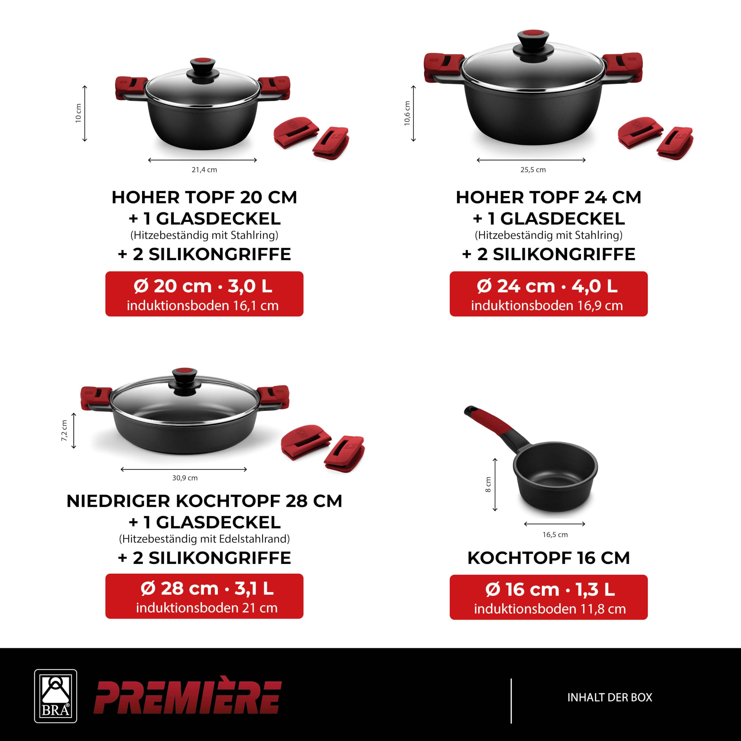 BRA Premiere | 7-teiligee Batterie, Aluminiumguss, Antihaftbeschichtung | Geeignet für alle Herdarten und Induktionsherde, PFOA-frei, Backofengeeignet, Abnehmbare Griffe
