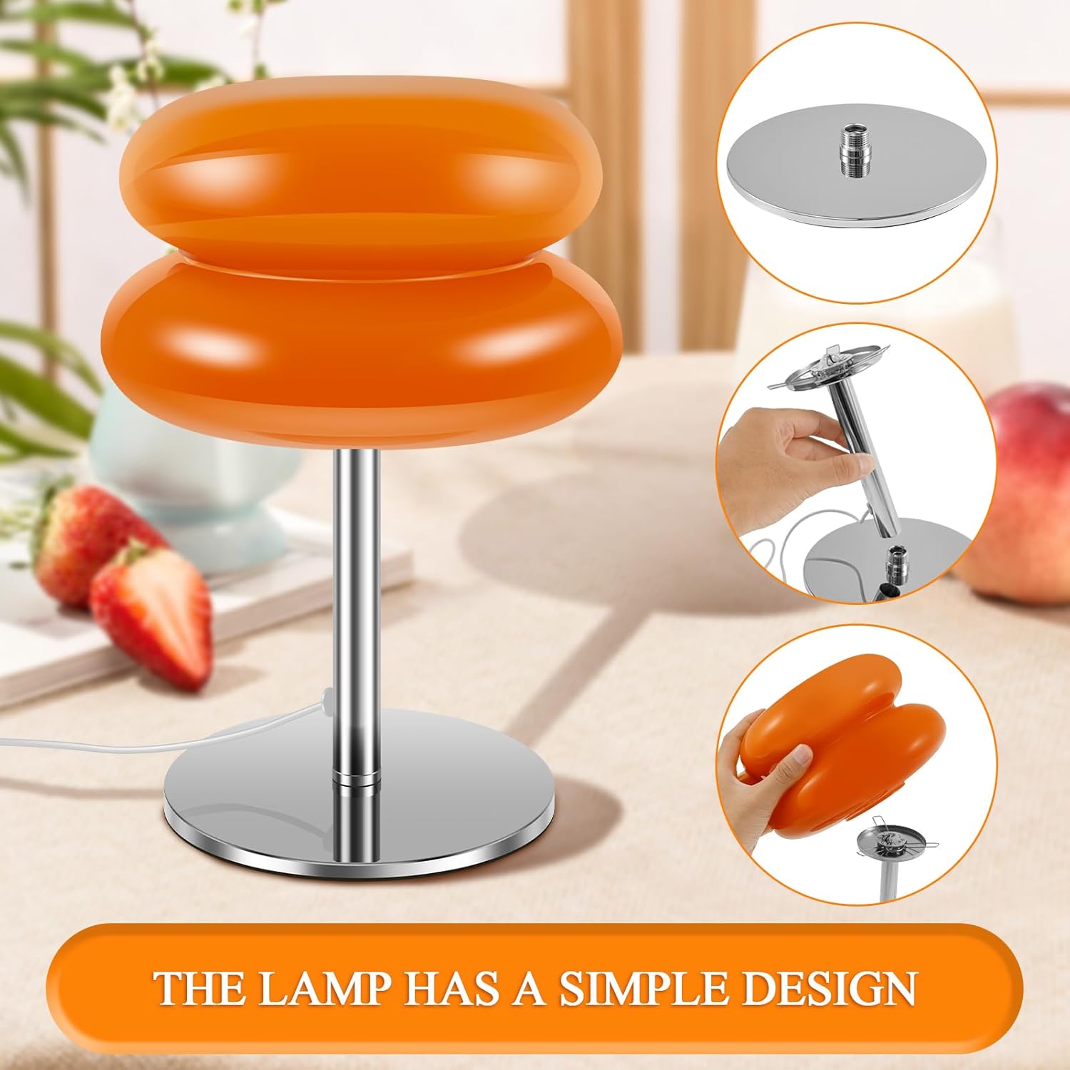 Glass Table Lamp Modern Egg Tart Lamp Retro Cute Desk Lamp with 3 Color Dimmable Modes Funky Bedside Table Lamp for Bedroom Living Room Nightstand (Orange)