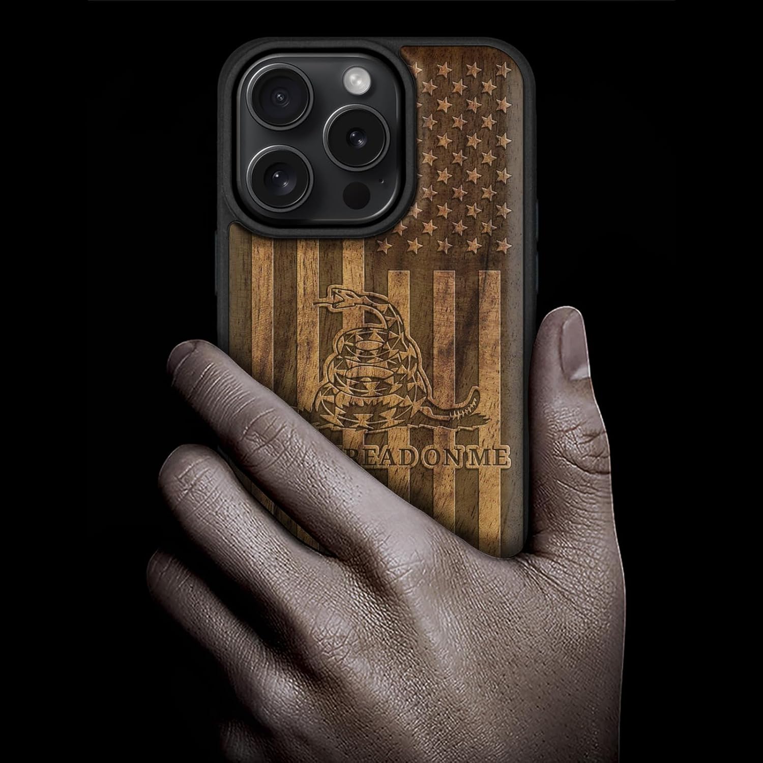 Carveit Magnetic Wooden Case for iPhone 16 Pro Case, Wood Artisan Engraved & Black Soft TPU Shockproof Cover, Compatible with MagSafe Wireless Chargers (Gadsden and American Flag) Walnut