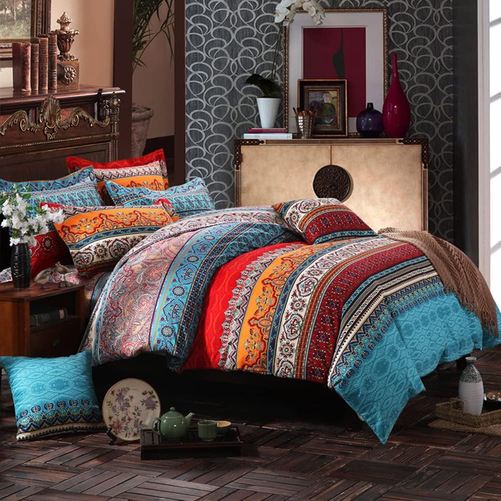 Jingzhang Bohemian Duvet Cover Queen Boho Retro Floral Style Quilt Cover 3Pcs, Colorful Striped Comforter Cover, 100% Ultra Microfiber Boho Decor Bedding Set with Zipper Closure and Corner Ties