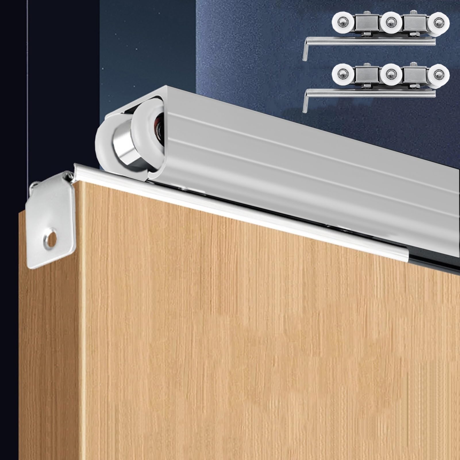 Exclura Silver Ceiling Mounted Sliding Door Track Kit, Bypass Pocket Door Sliding Track Roller Set, Home Barn Door Single Track Hardware For Cabinet/Wardrobe(,1.5M(4.9Ft))