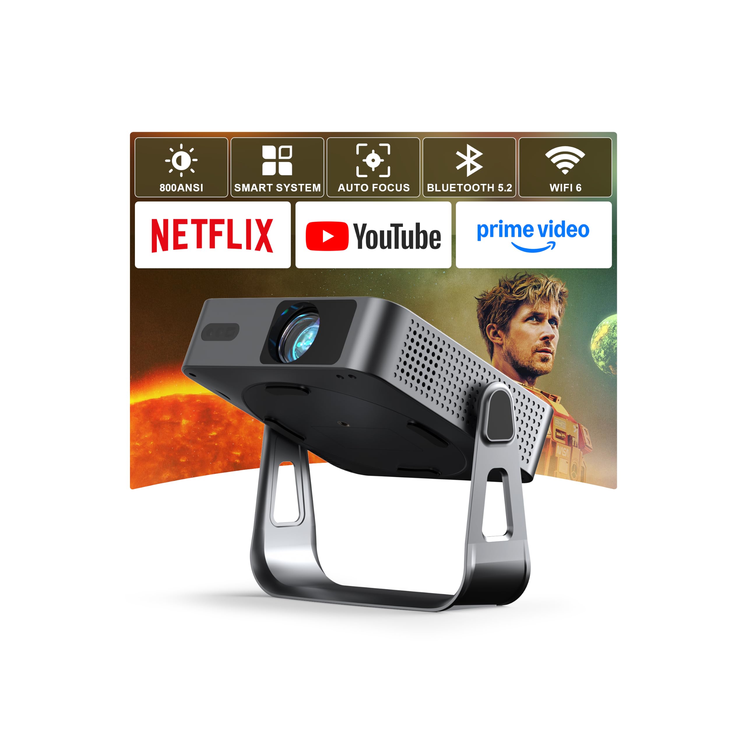 Smart Beamer【800ANSI ＆ Offizielle App】 Mini Projektor mit Autofokus ＆ Trapezkorrektur, VOPLLS 1080P Full HD WiFi6 Bluetooth Beamer 4K Heimkino/Outdoor Klein Projector für Handy (Schwarz)