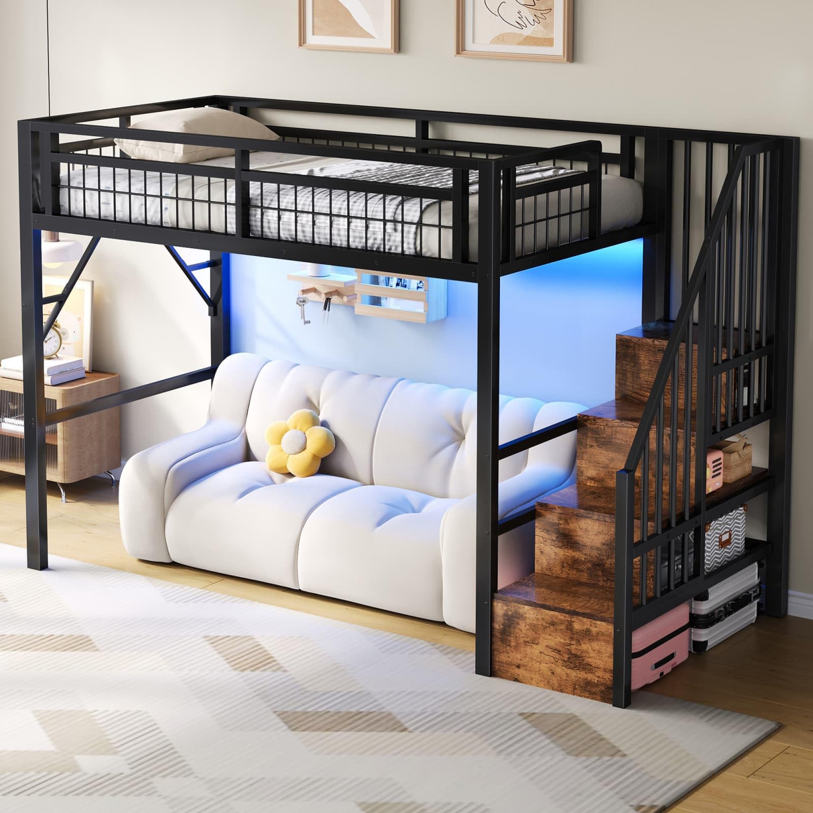 KOMHTOM Lit Mezzanine 140x200 cm en Métal, Lit Surélevé Multifonctionnel avec Escaliers de Rangement et Eclairage LED, pour Adultes et Ados, sans Matelas (Noir-90x200cm)