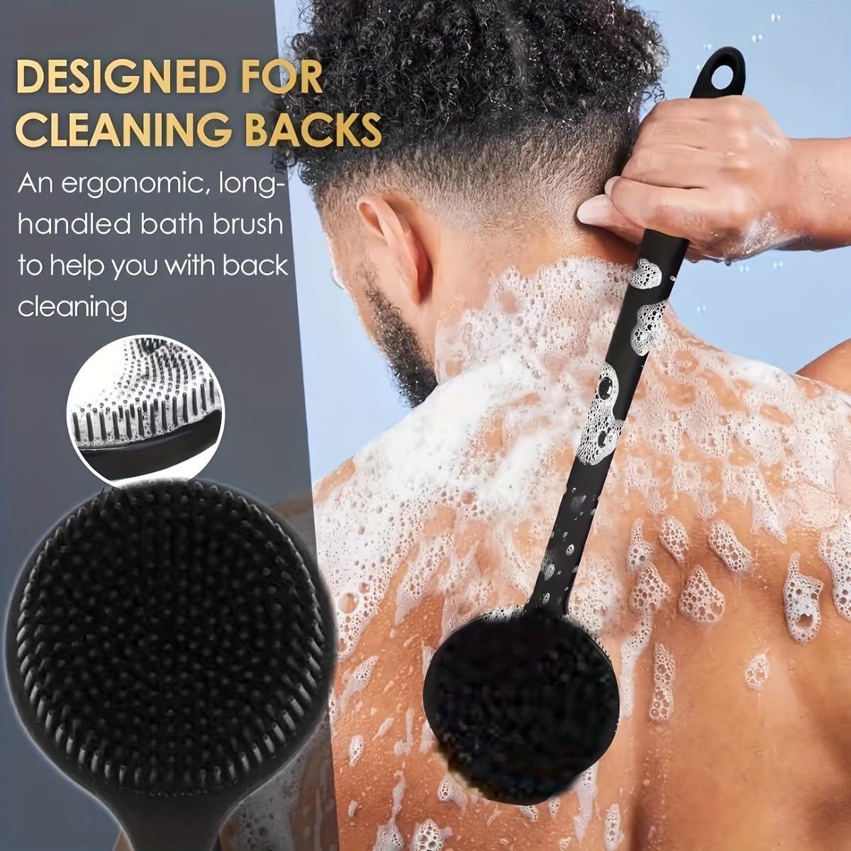 Wazdorf Soft Silicone Back Scrubber Shower Bath Brush with Long Handle | Flexible Bristles for Smooth Skin | Exfoliating Brush | Body Scrubber for Women, Men & Boys| for Body Wash & Bathing(Black) - Image 3 thumbnail