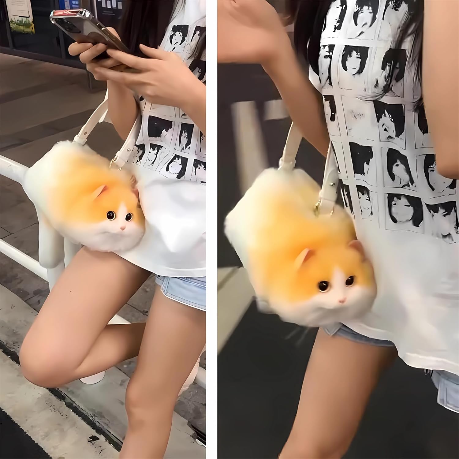 HUIJUFU Realistic Puffy Plush Cat Shaped Crossbody Handbag for Women | Realistic, Puffy, Plush